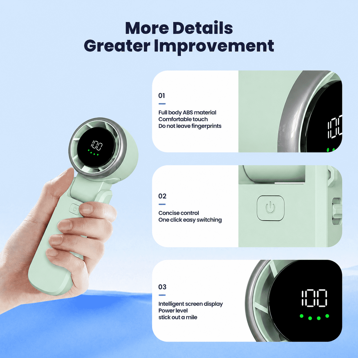 Hand hält einen hellgrünen Ventilator mit Digitalanzeige, die 100 anzeigt. Merkmale aufgelistet.