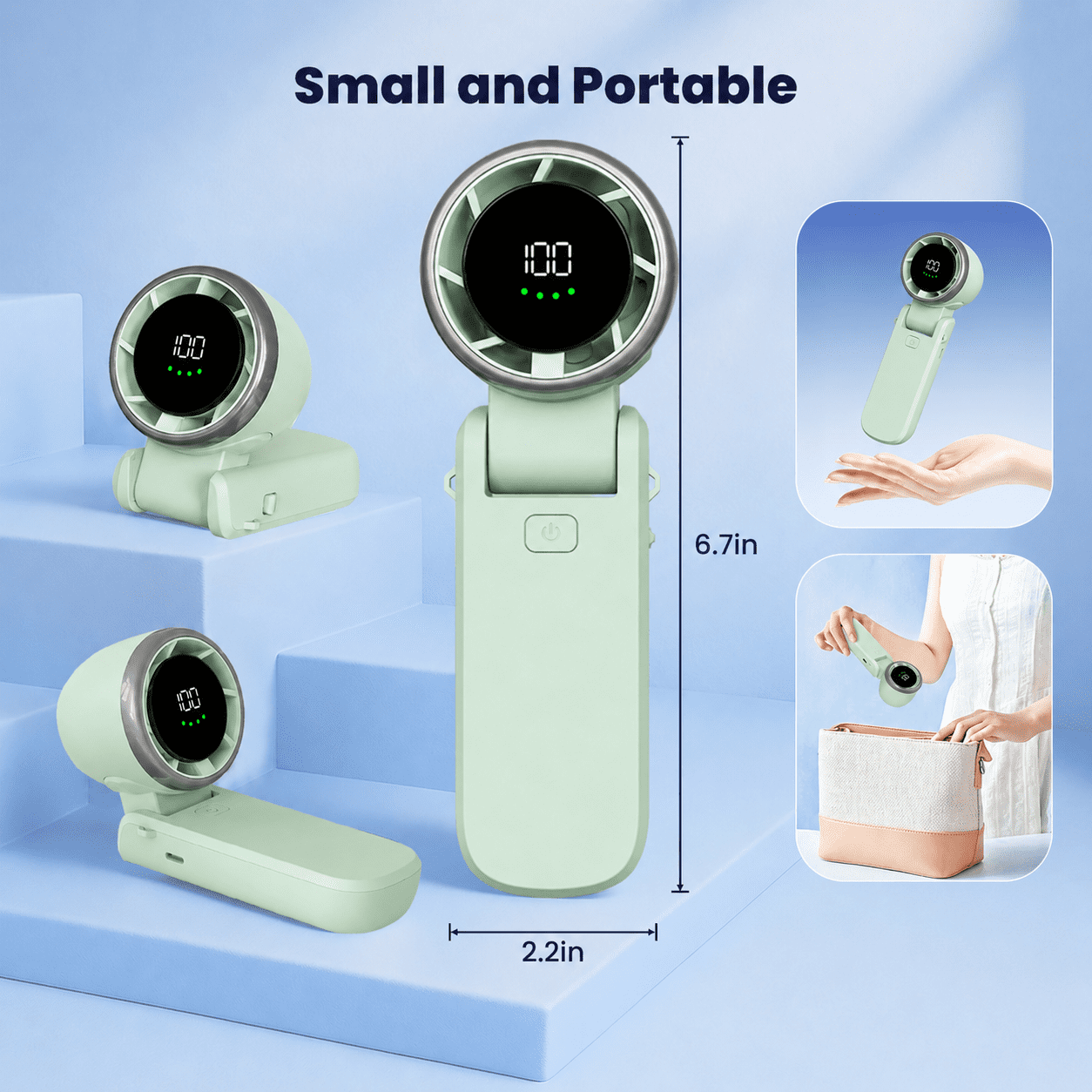 Ein hellgrüner, tragbarer Ventilator mit digitalen Anzeigen und Abmessungen.