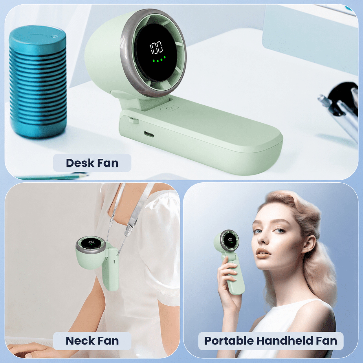 Ein hellgrünes Handventilator-Set mit drei Modi: Schreibtisch-, Nacken- und tragbarer Handventilator.