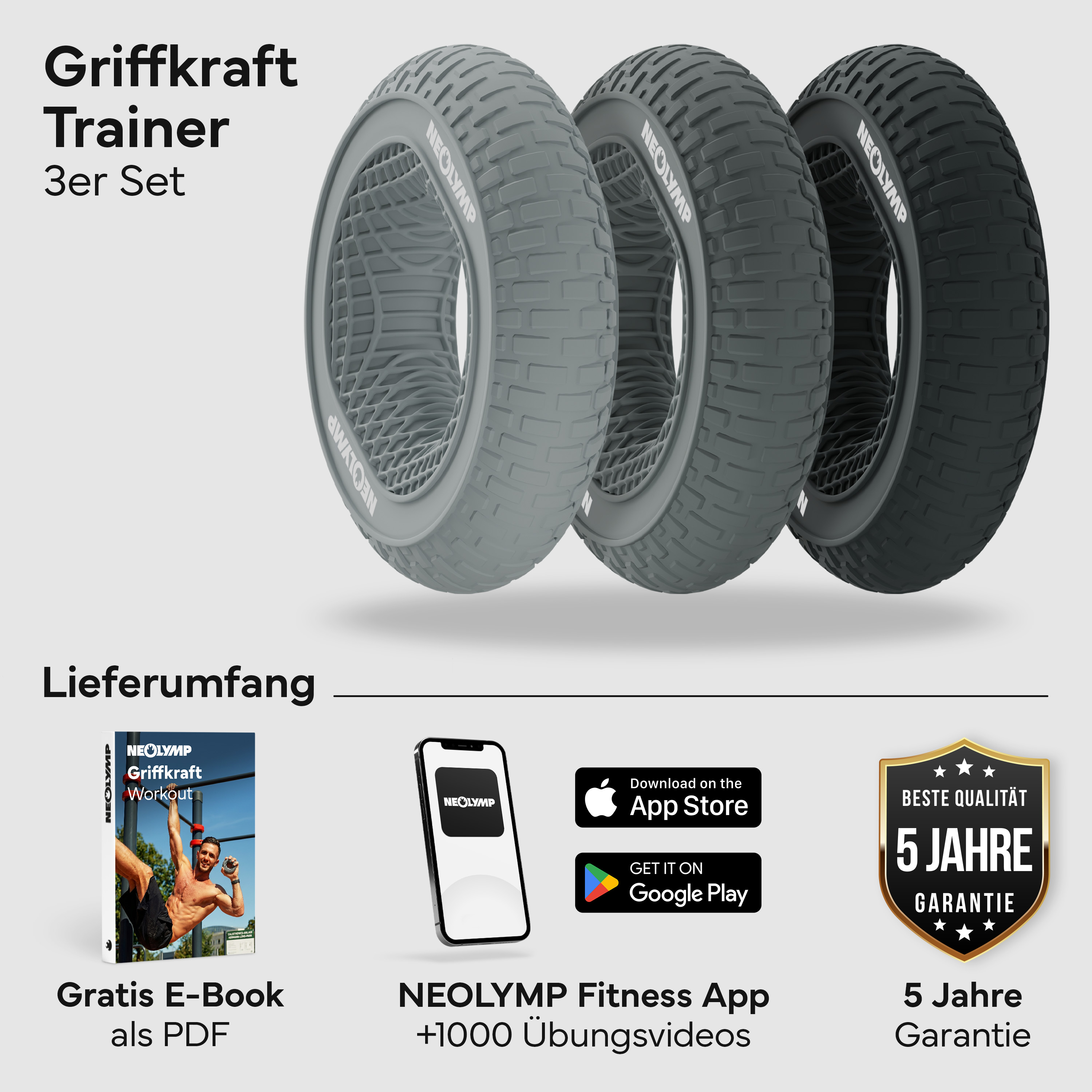 Drei NEOLYMP Griffkrafttrainer in Grautönen nebeneinander.