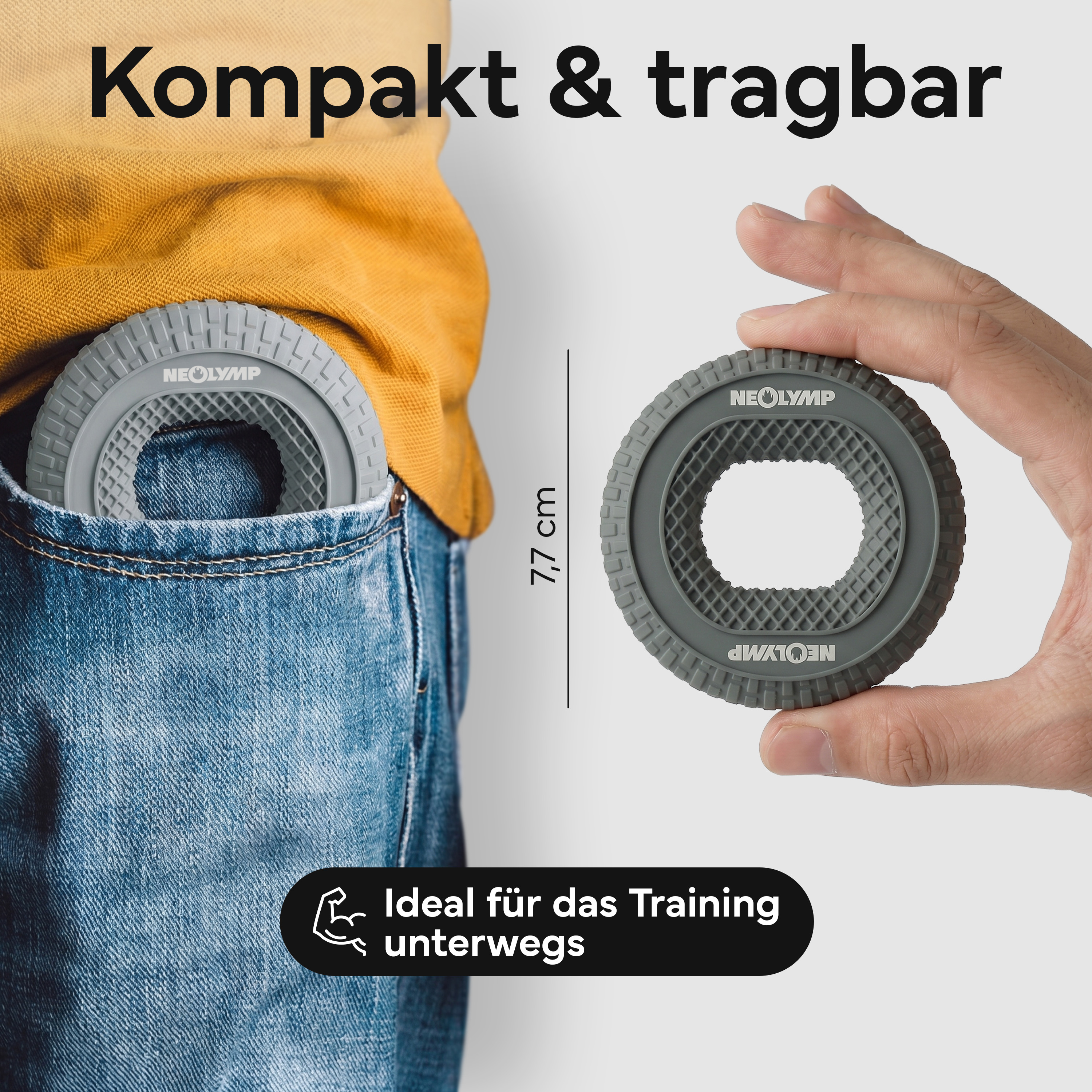 Grauer Neolymp Handtrainer liegt in Jeans-Tasche. 7,7 cm.