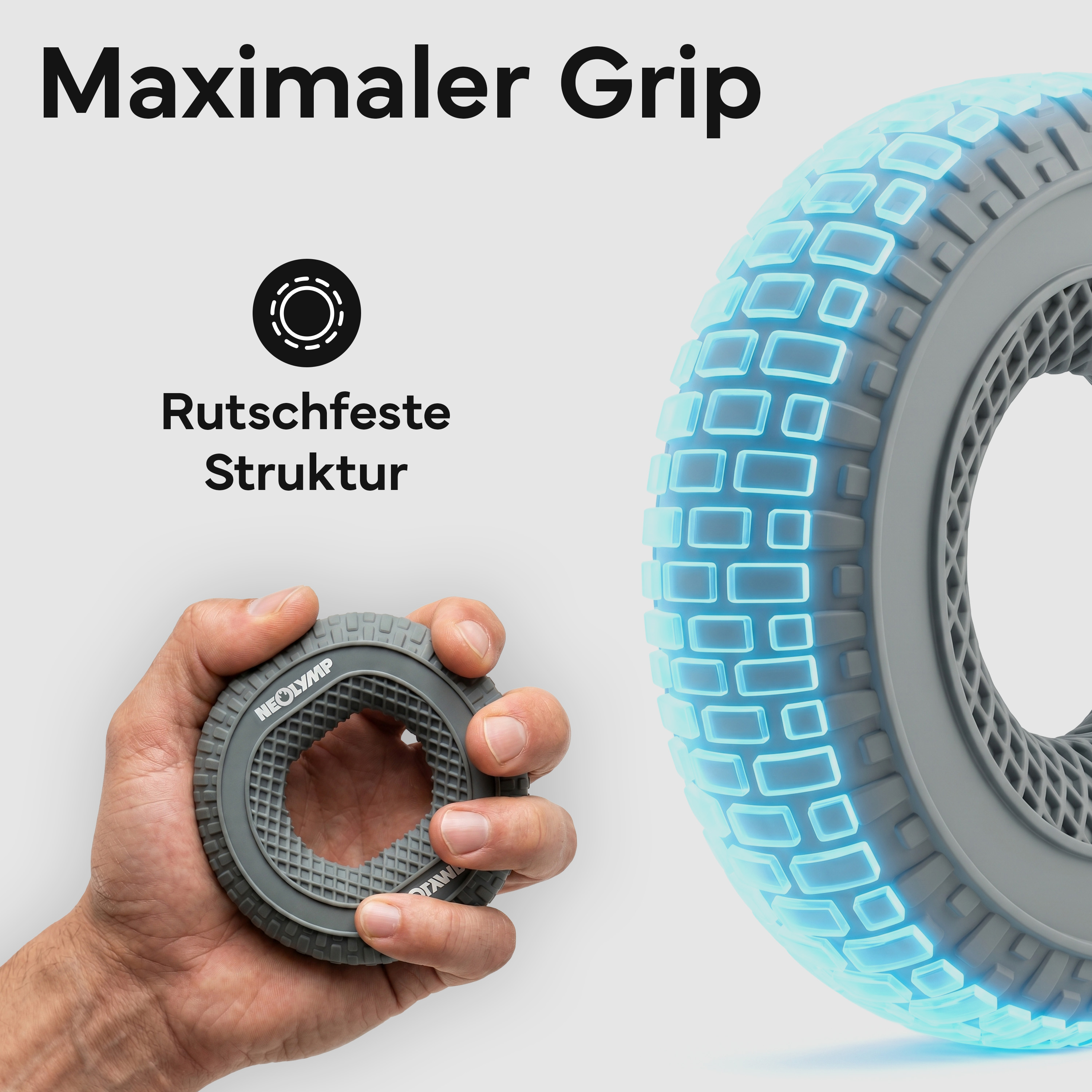 Hand hält einen grauen Griffring mit rutschfester Struktur. Daneben ein Reifen mit leuchtend blauen Elementen.