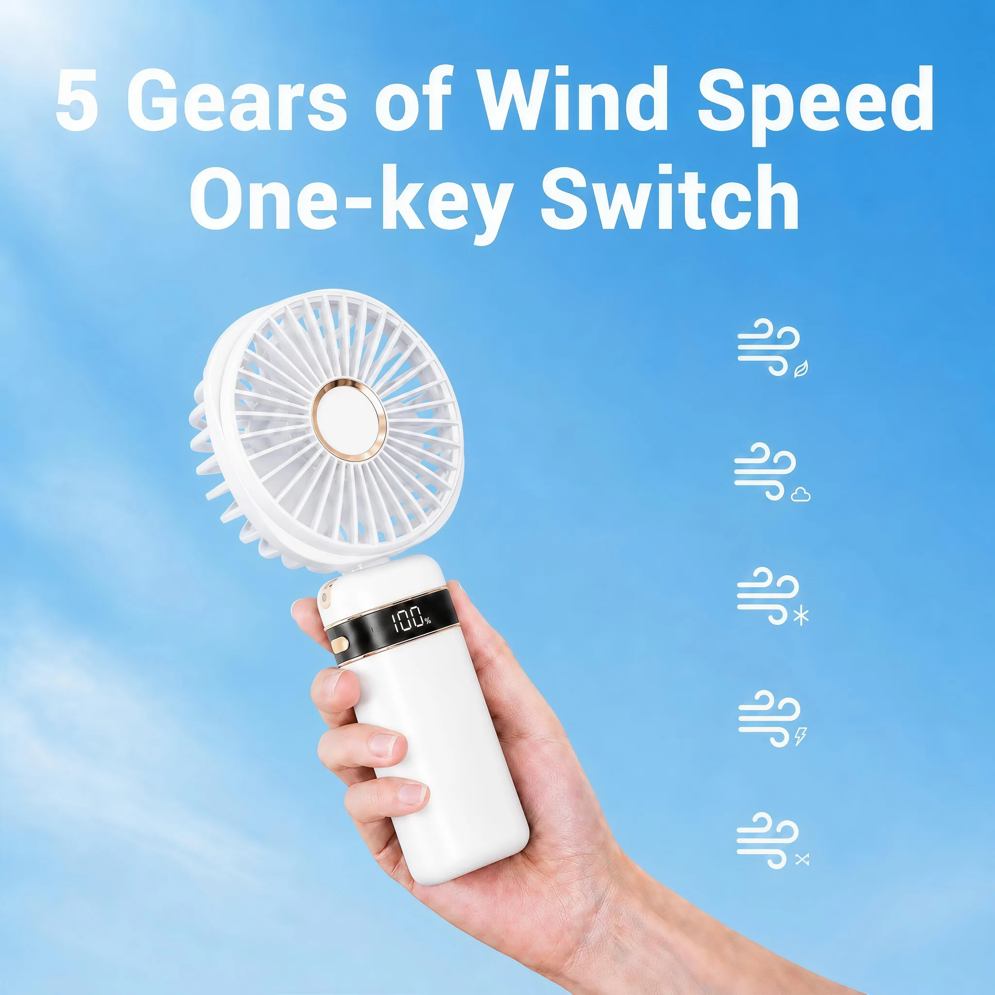 Eine Hand hält einen weißen Ventilator mit 5 Windgeschwindigkeiten und einem 100% Display.