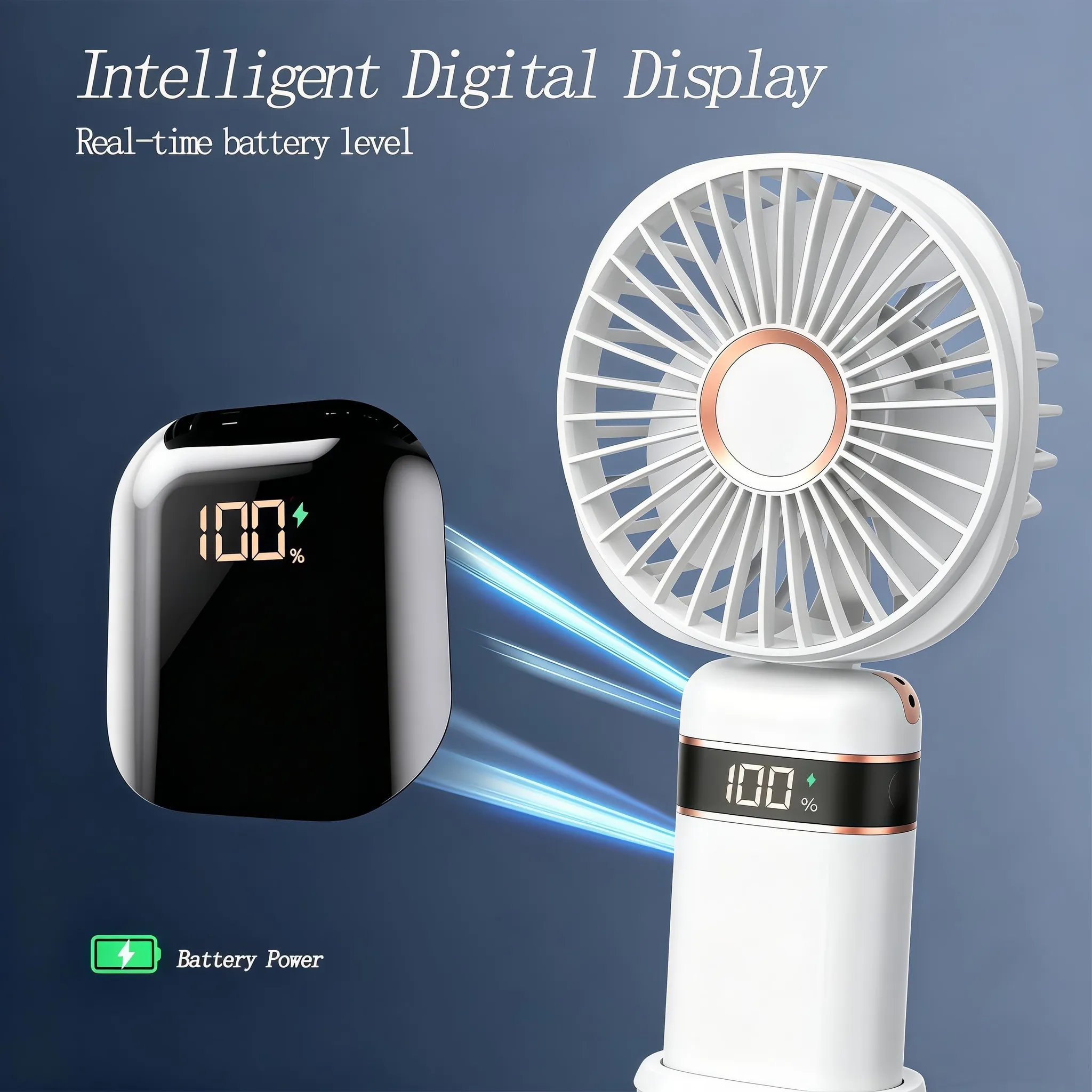 Ein weißer tragbarer Ventilator zeigt 100 % Akku an seiner Basis an. Ein separates schwarzes Gerät zeigt ebenfalls 100 % an.