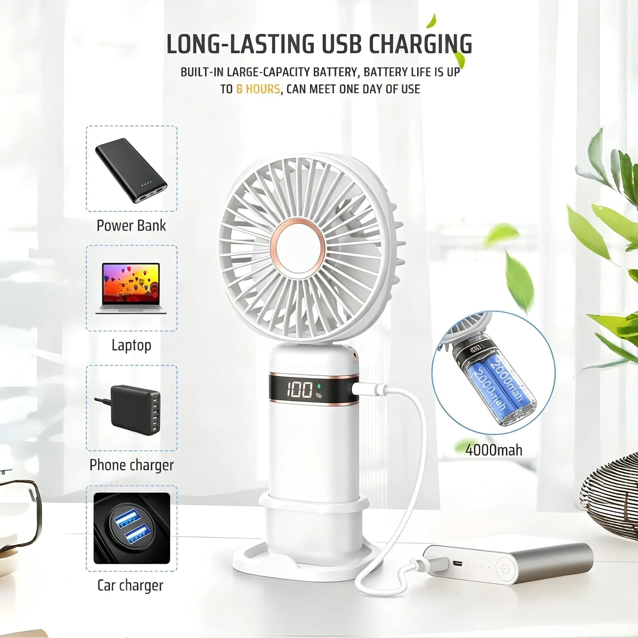 Ein weißer USB-Lüfter mit 100% Ladung, daneben eine Powerbank und Ladegeräte.