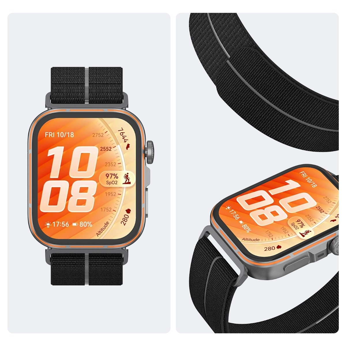 Eine Smartwatch mit schwarzem Armband zeigt Uhrzeit, Datum, SpO2 und Höhenangaben.