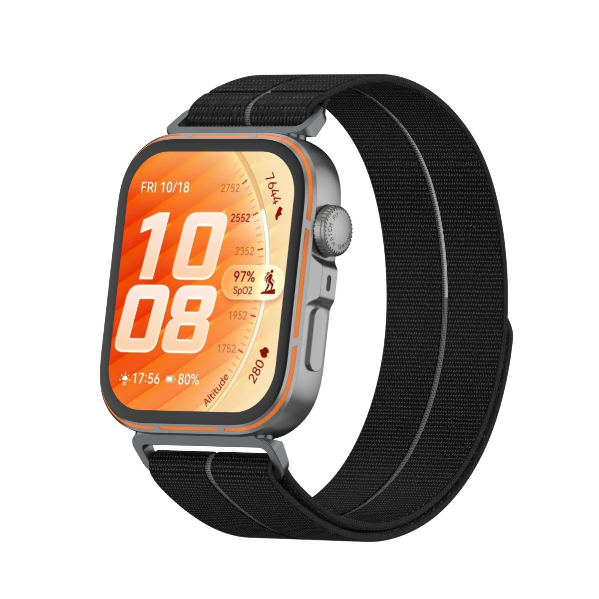 Graue Smartwatch mit schwarzem Stoffarmband, zeigt Zeit 10:08, 97% SpO2.