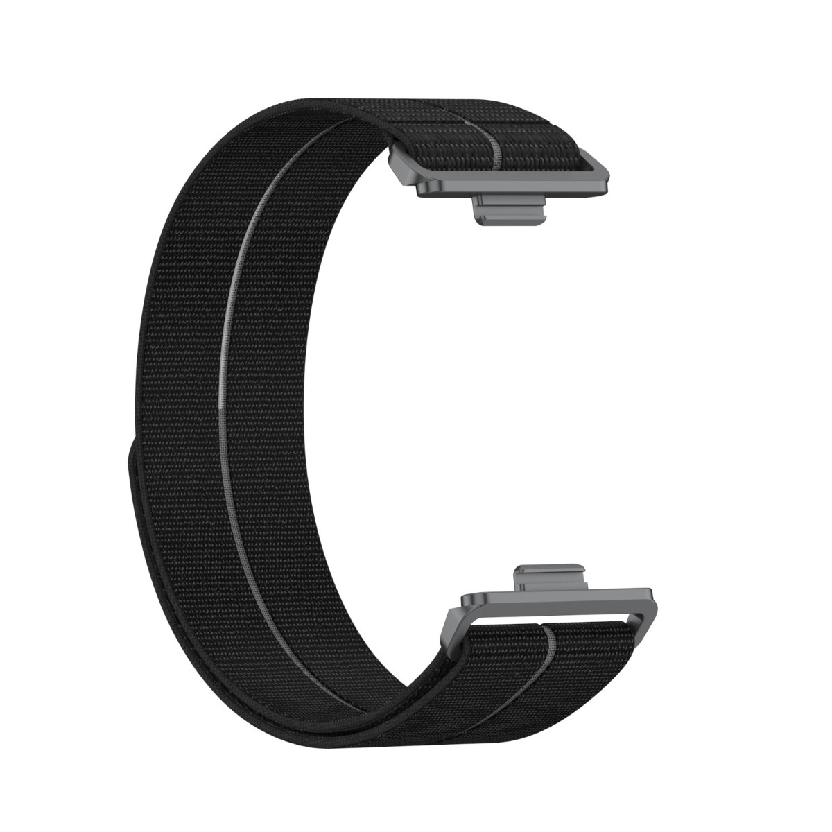 Schwarzes Stoffarmband mit grauen Verbindungsstücken auf weißem Hintergrund.