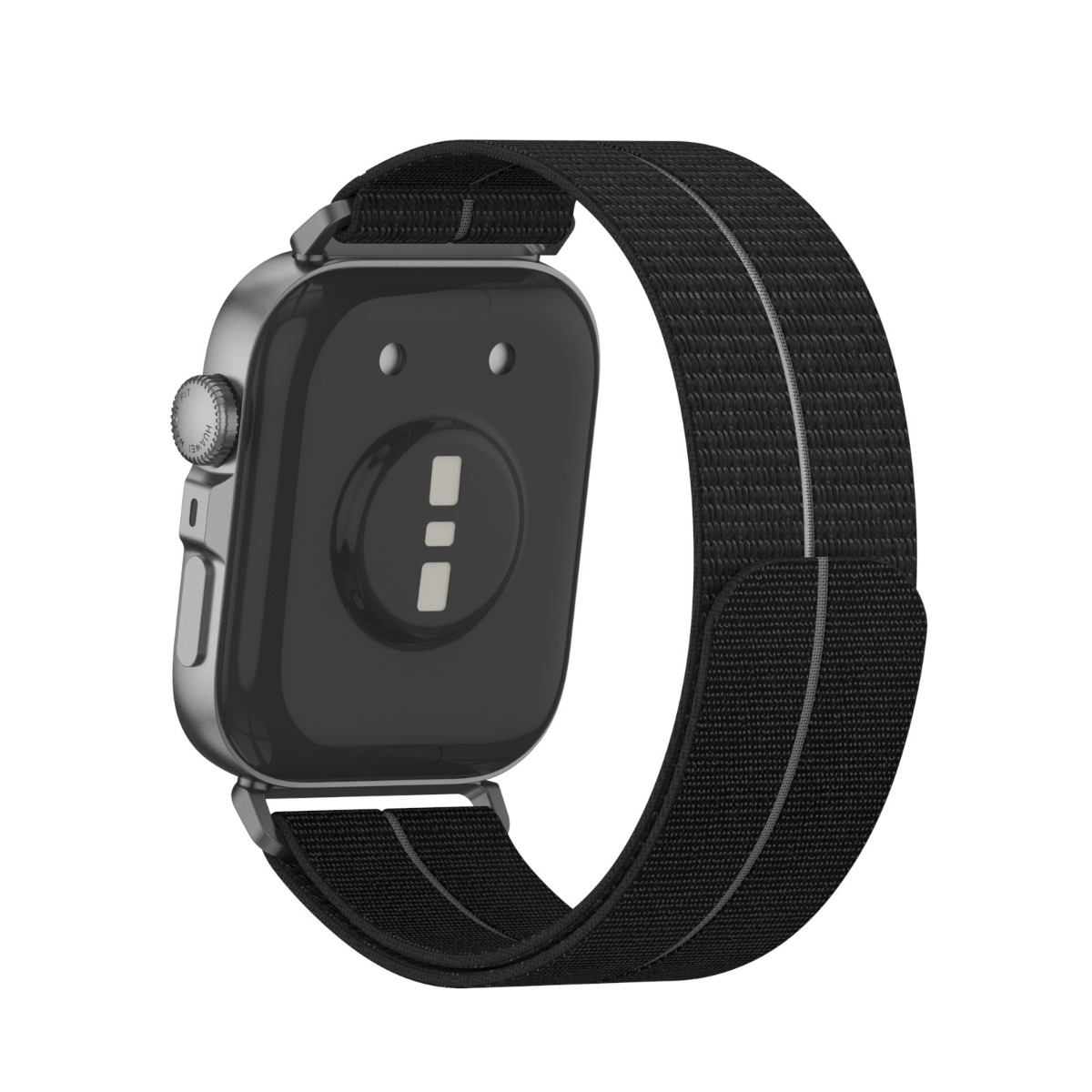 Rückseite einer schwarzen Smartwatch mit silbernem Knopf und schwarzem Stoffarmband.