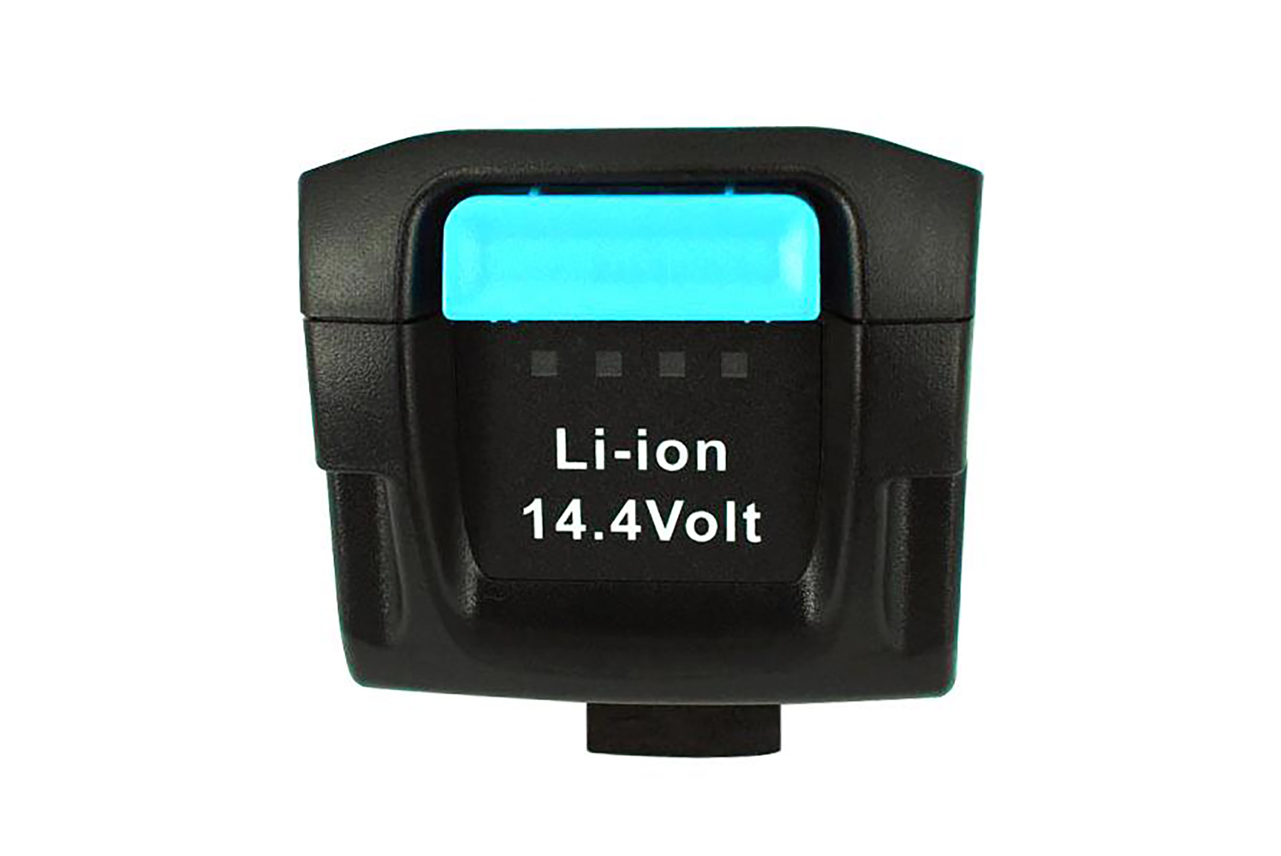 Schwarzer Akku mit blauem Indikator und "Li-ion 14.4Volt" Beschriftung.