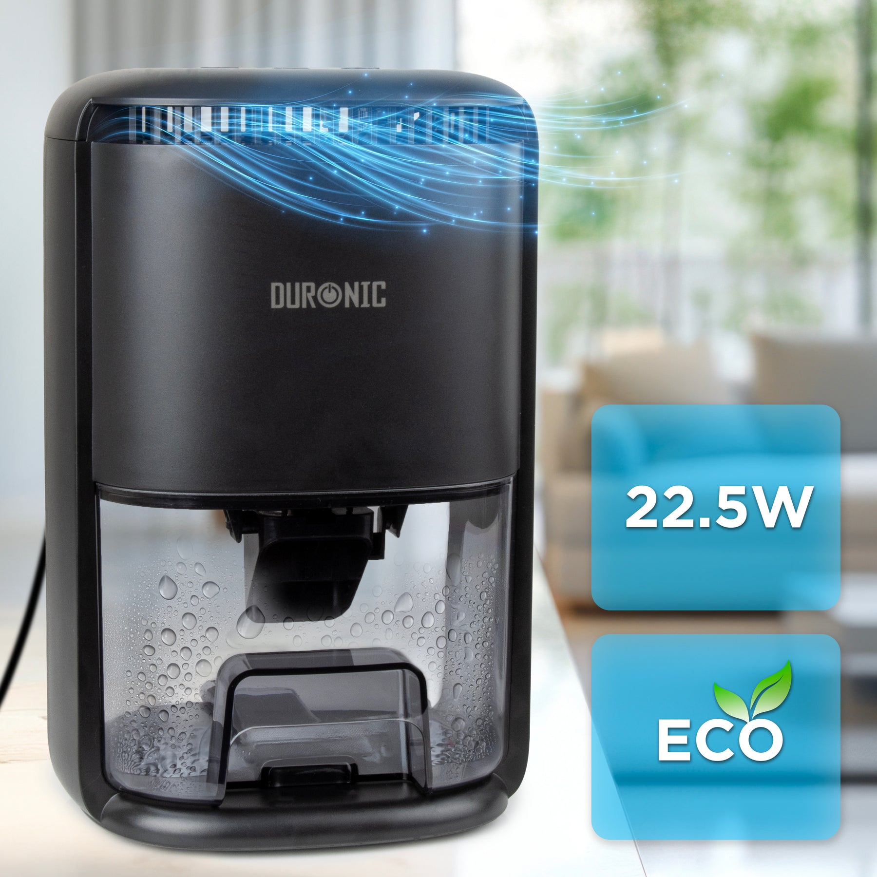 Schwarzer Duronic Luftentfeuchter mit Wasserfüllung und blauen Luftströmen.