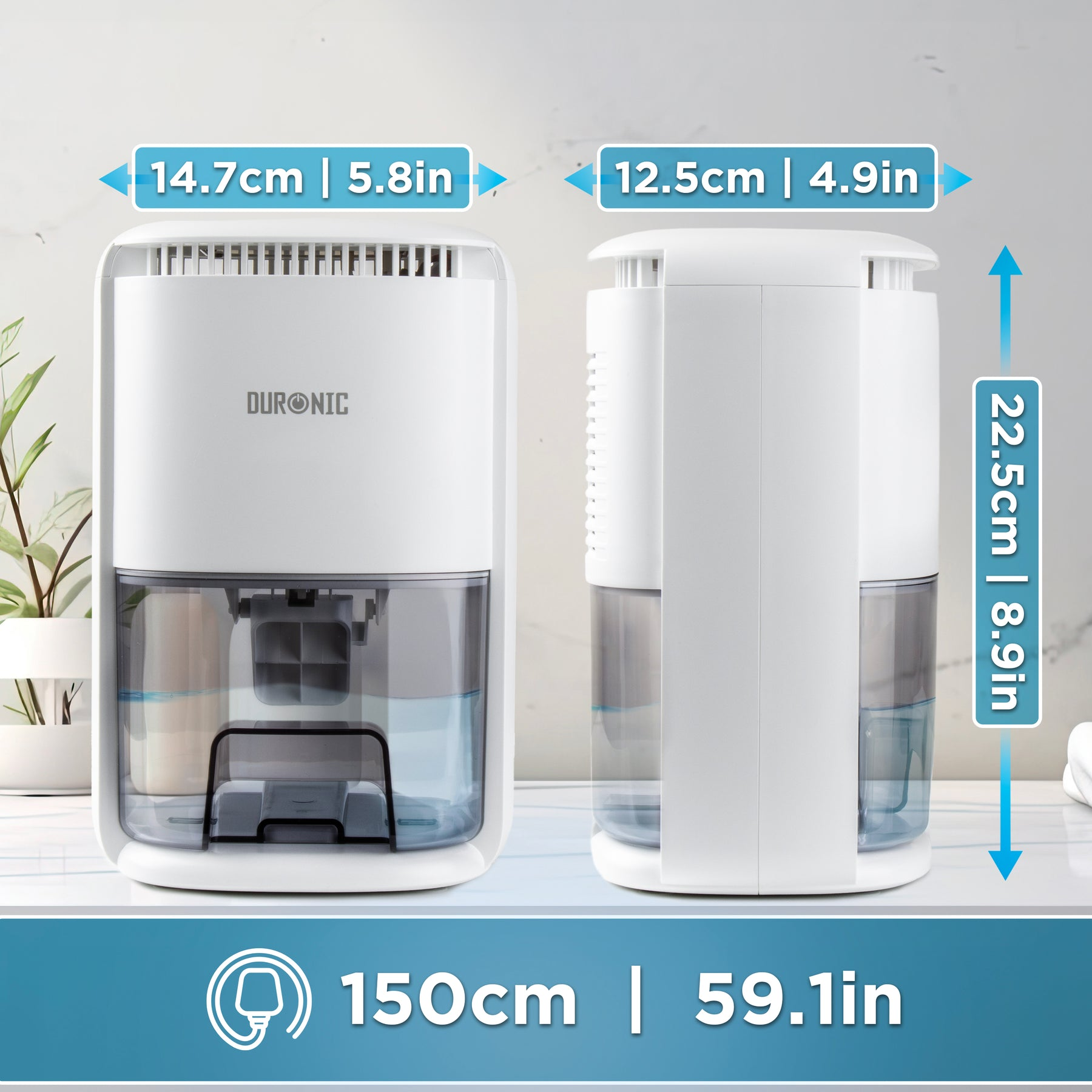 Zwei weiße Duronic-Luftentfeuchter mit Wasserbehältern und Maßangaben.