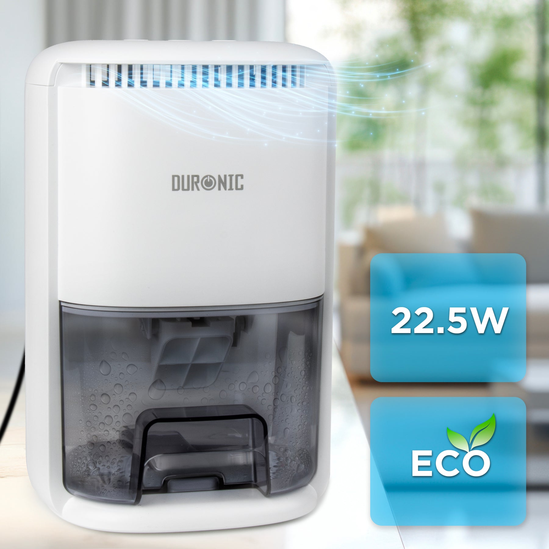 Ein weißer Duronic Luftentfeuchter mit Wassertank und ECO-Modus.
