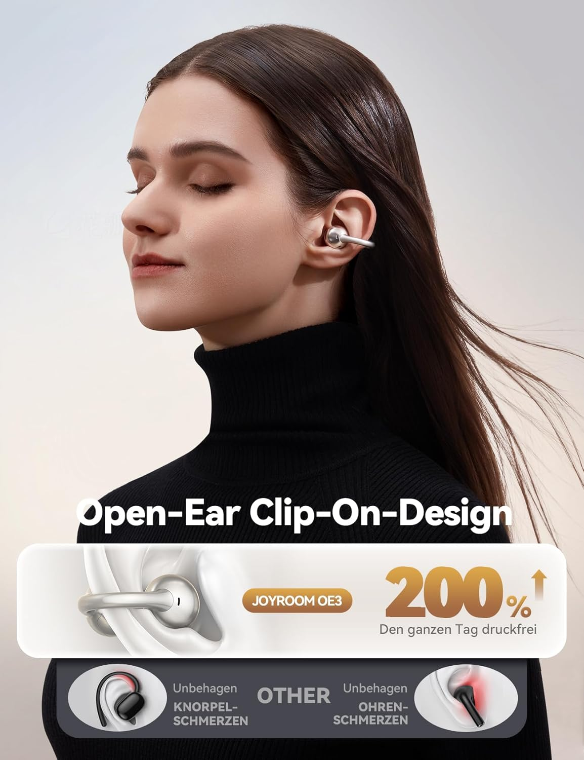 Frau mit Kopfhörern im Clip-On-Design, das 200% mehr Komfort bietet.