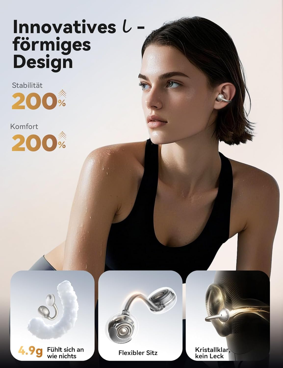 Frau mit Kopfhörern, Texte über Design, Stabilität 200%, Komfort 200%.