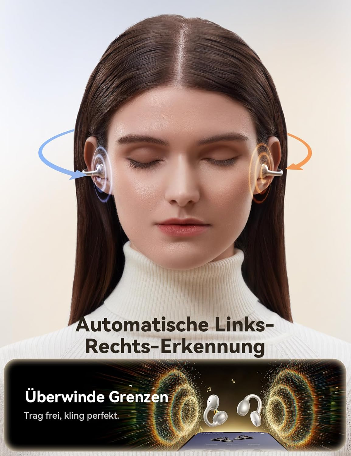Frau mit Kopfhörern, die automatische Links-Rechts-Erkennung zeigen.