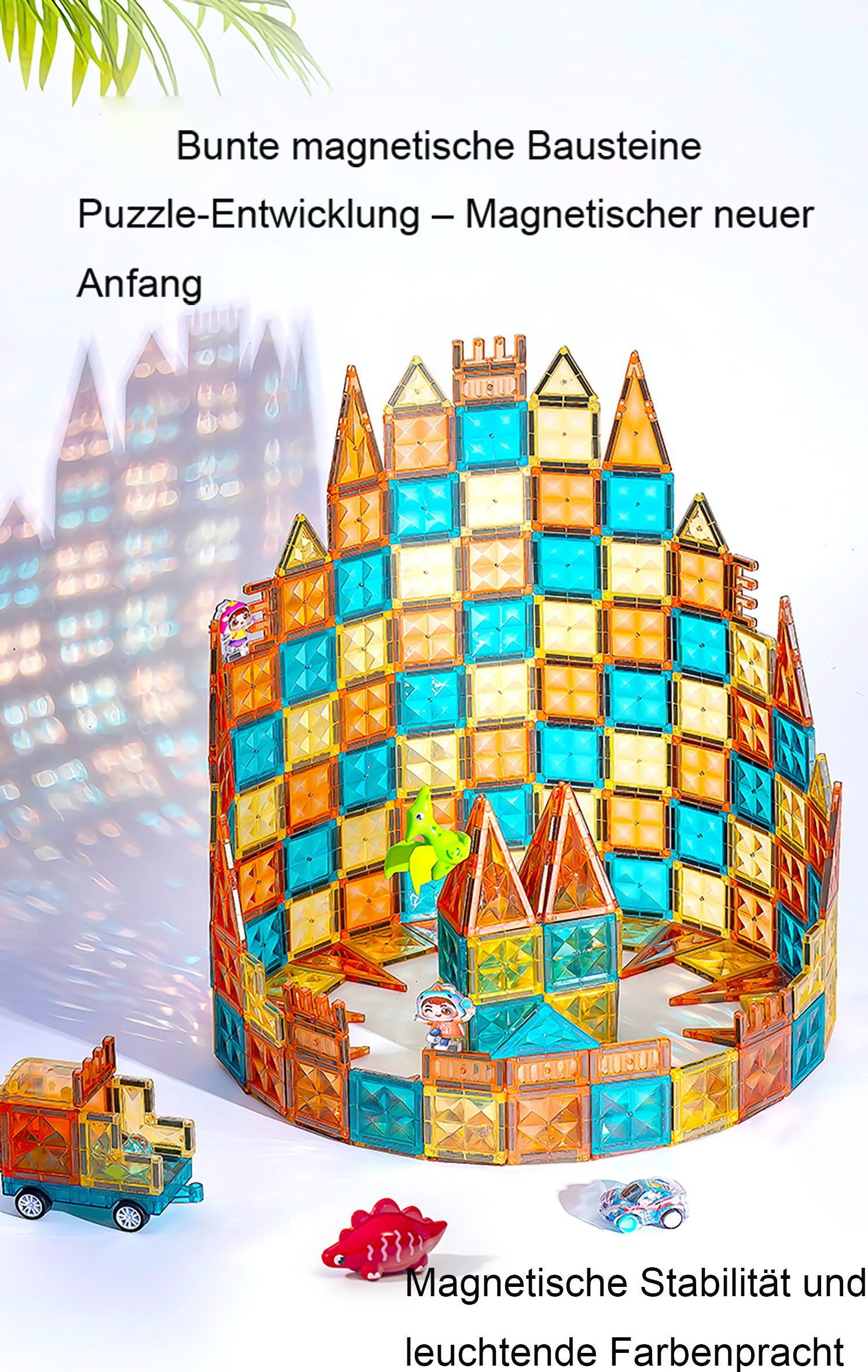 Bunte magnetische Bausteine bilden eine Burg mit Autos und Dinosauriern.