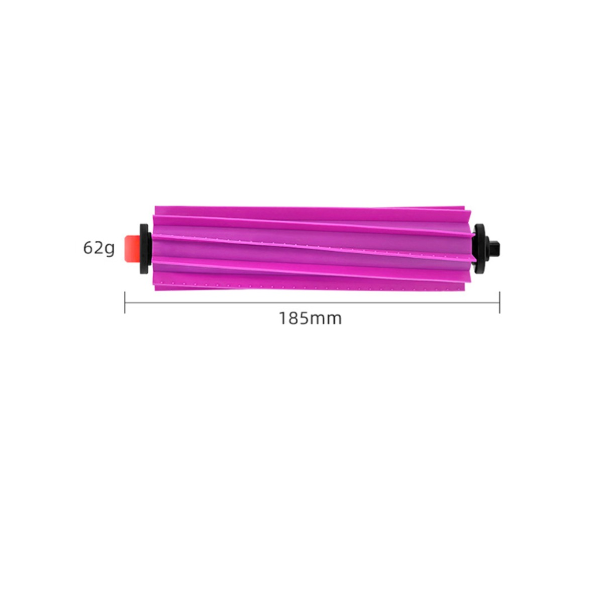 Un rullo spazzola viola, lungo 185mm e del peso di 62g, con tappi neri.
