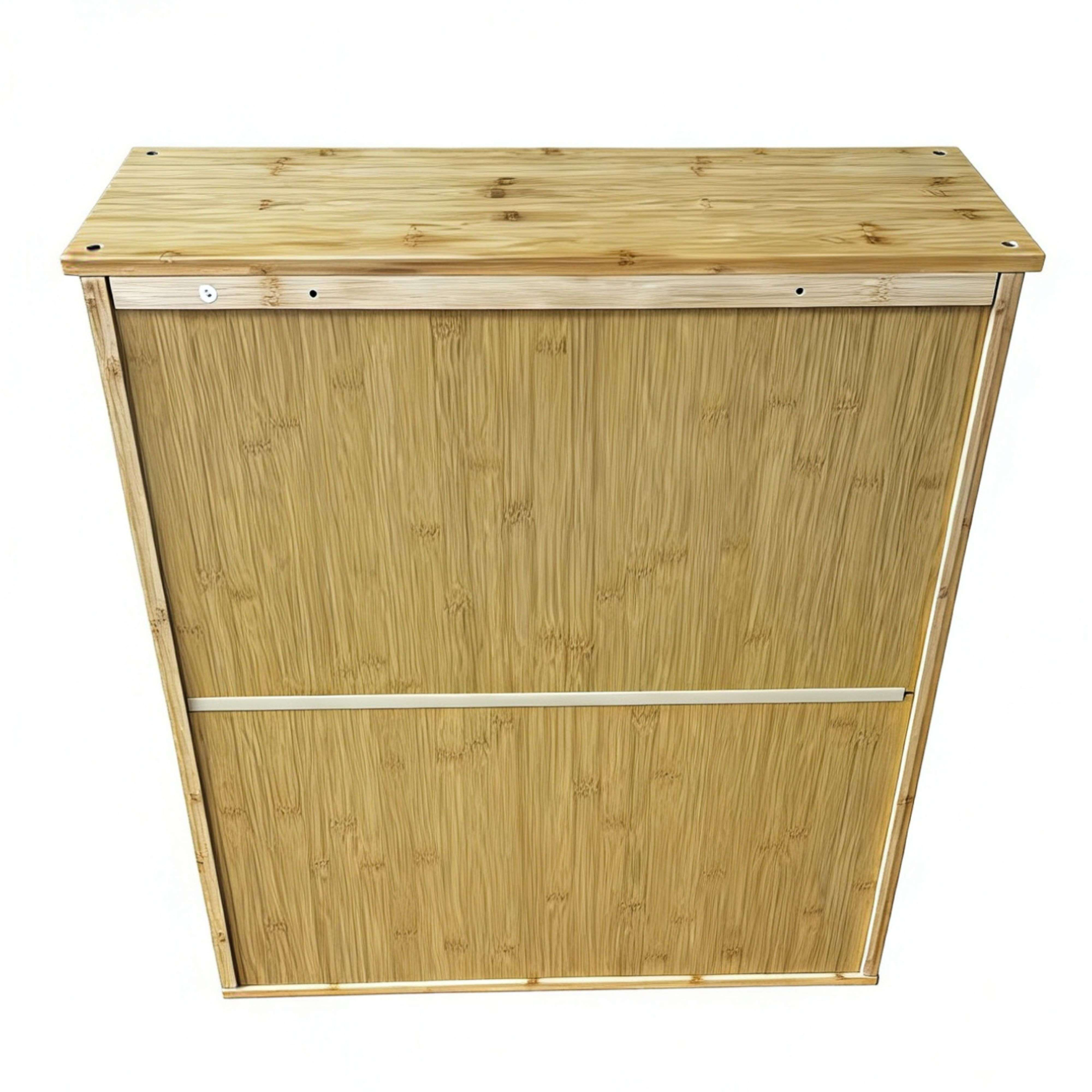 Un recipiente de madera con veta visible y tornillos metálicos.
