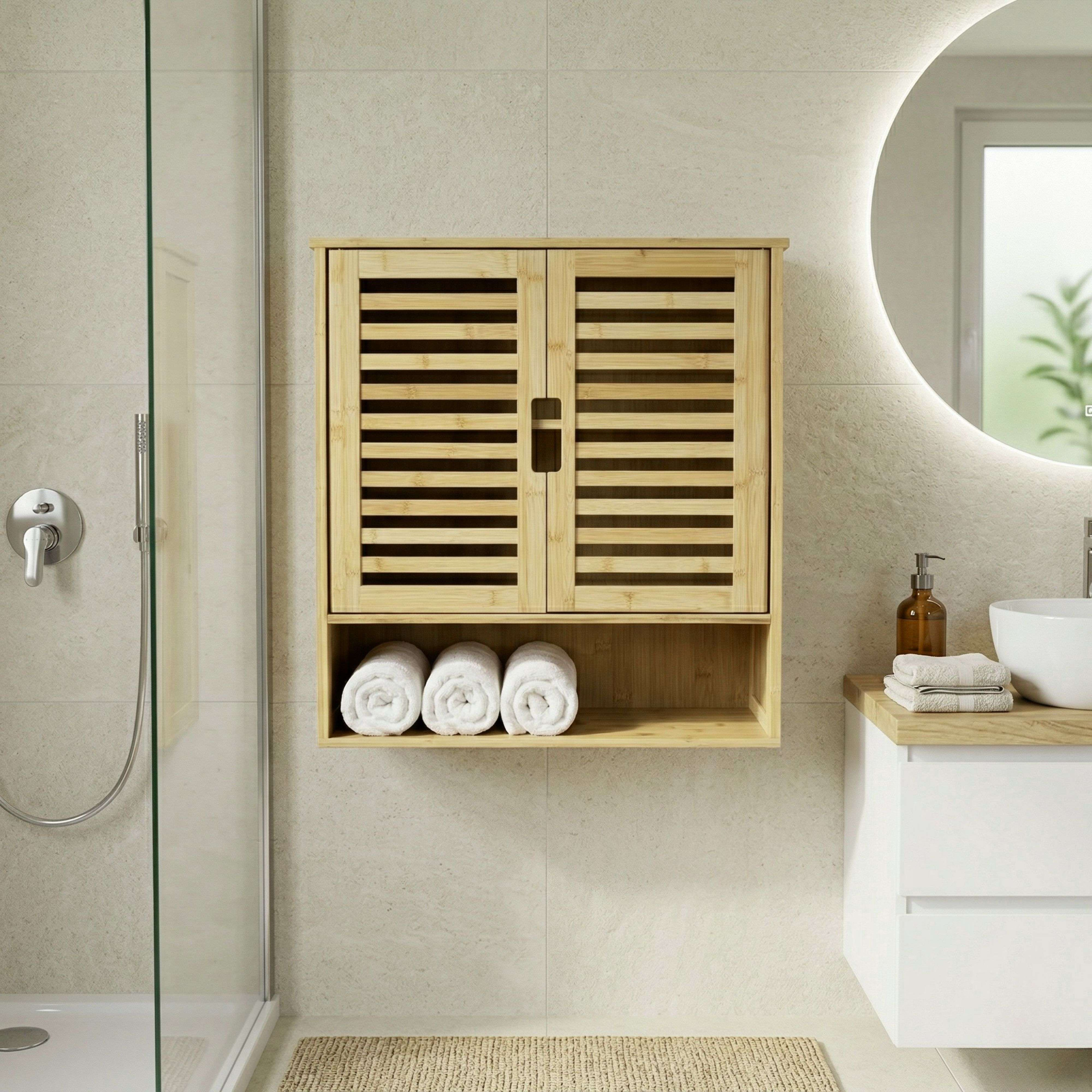 Un armario de baño de madera con puertas de lamas y tres toallas enrolladas.