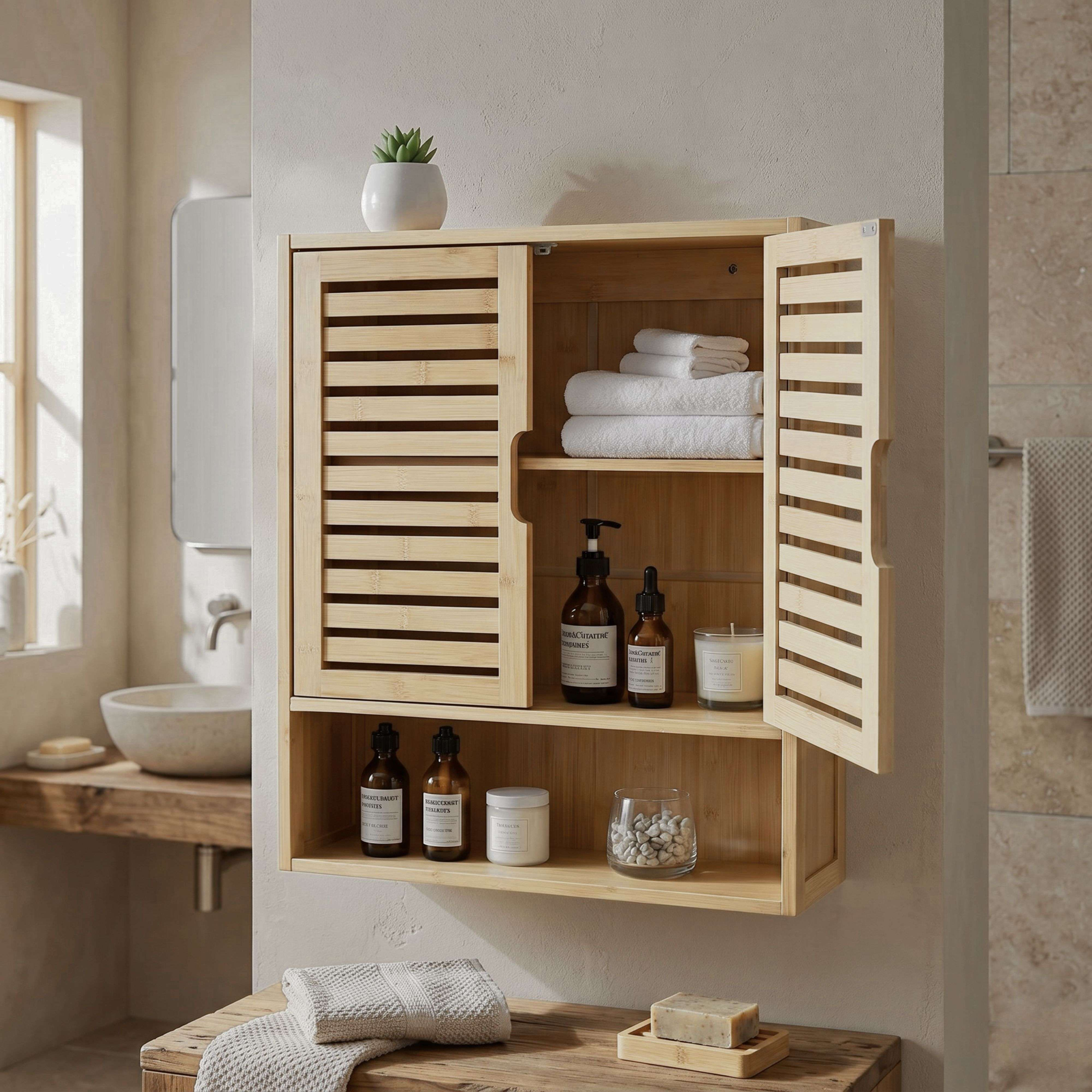 Un mueble de baño de madera con puertas de lamas, lleno de toallas y botellas.