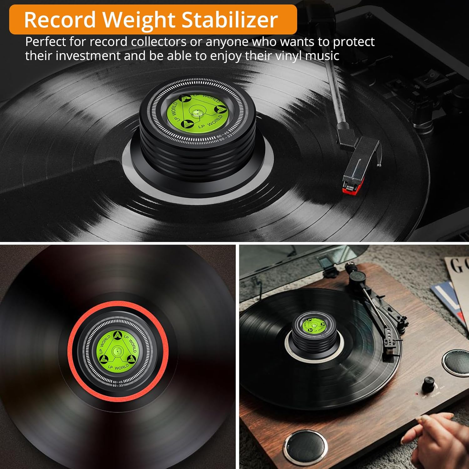 Schallplattenstabilisator auf einem Plattenspieler mit Vinyl-Schallplatte.