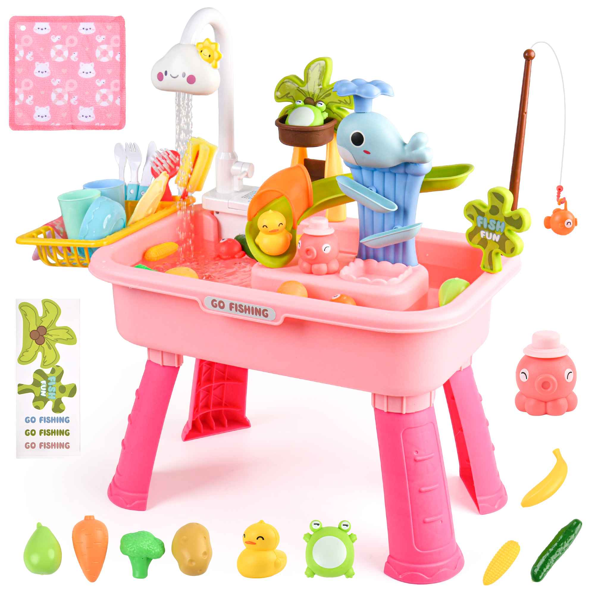 Ein rosa Spielzeug-Spülbecken mit Spielzeug-Lebensmitteln, Tieren und Angelzubehör.