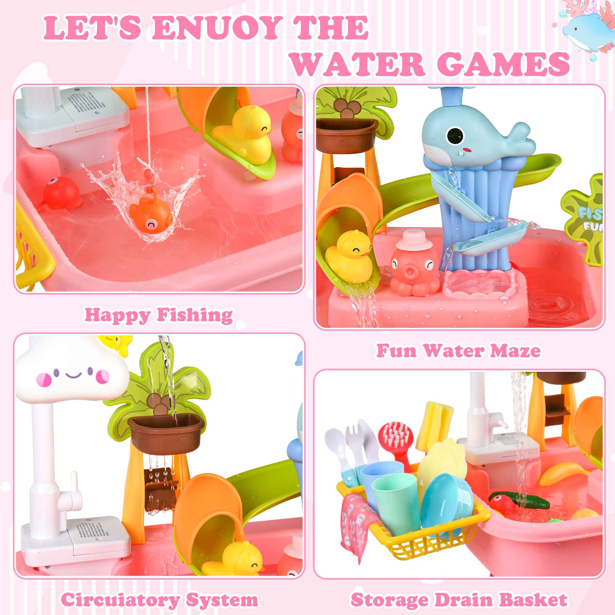 Ein Spielzeug-Wasserspielplatz mit Enten, Wal und Spielzeuggeschirr.
