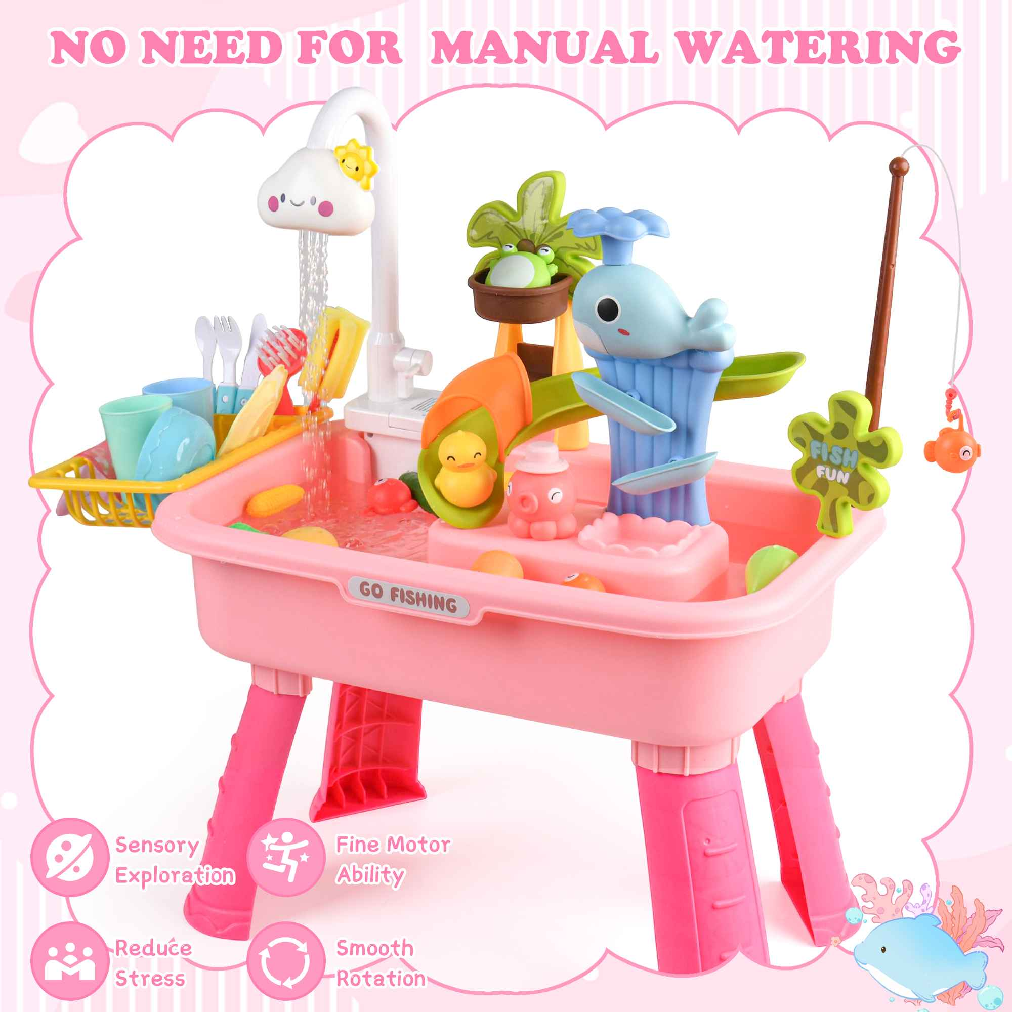 Ein rosa Spielzeug-Spültisch mit Wasserhahn, Enten, Wal und Angelspiel.