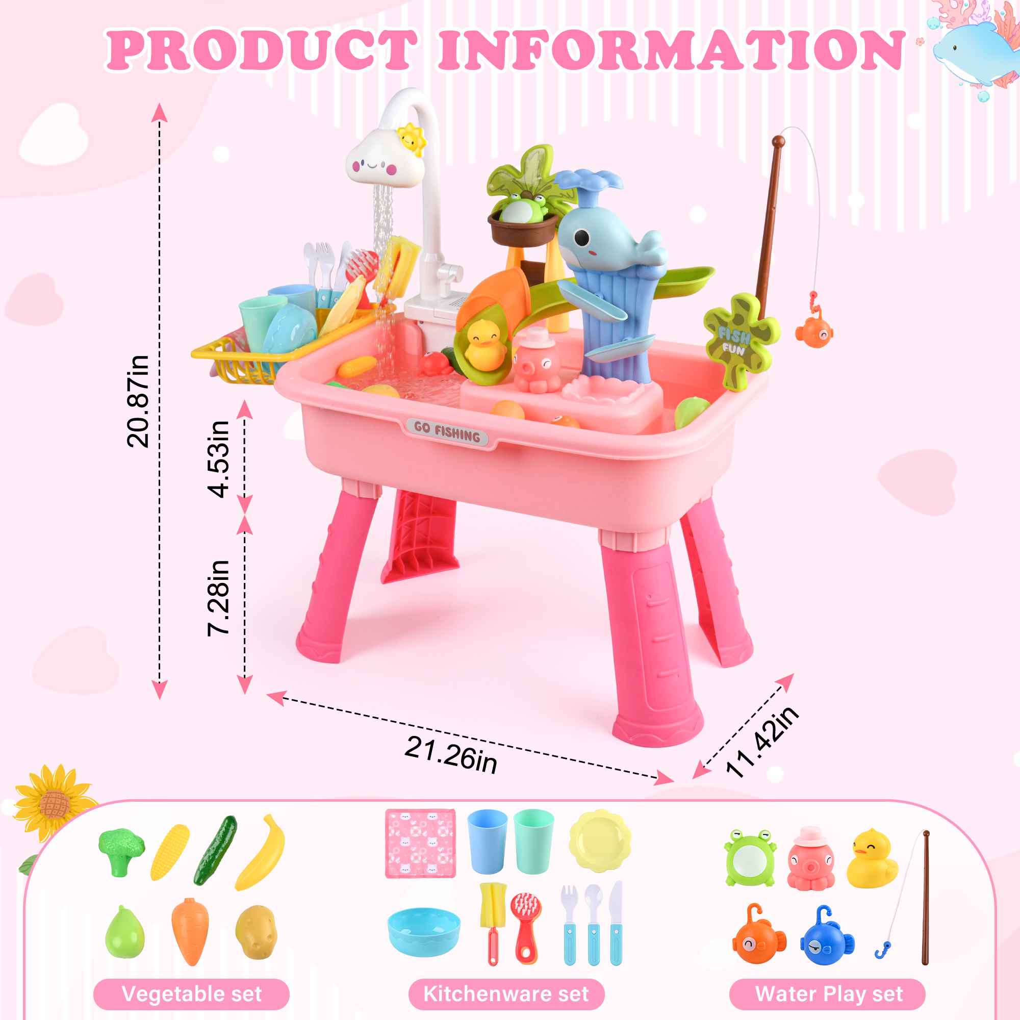 Pinker Spieltisch mit Wasser und Zubehör wie Gemüse, Geschirr und Angelspielzeug.