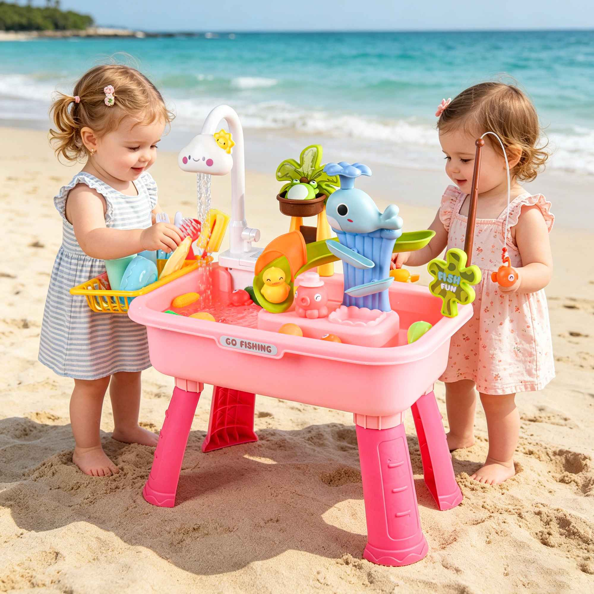 Zwei Kleinkinder spielen am Strand mit einem rosa Spieltisch im Wasser.