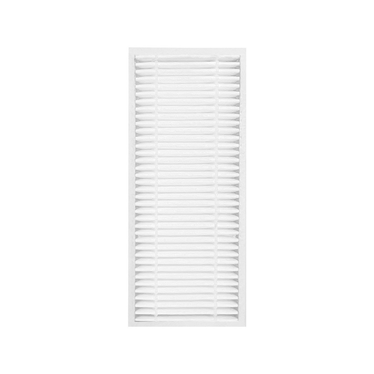 Un filtro dell'aria bianco con lamelle orizzontali e cornice bianca.