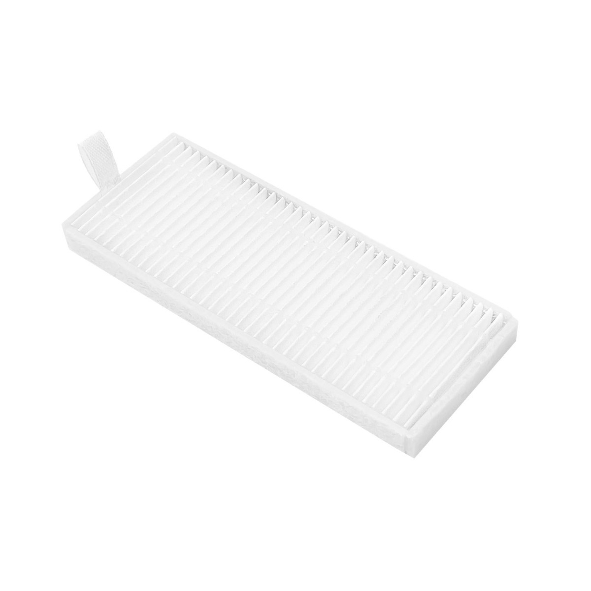 Un filtro per aspirapolvere bianco con pieghe e una linguetta.