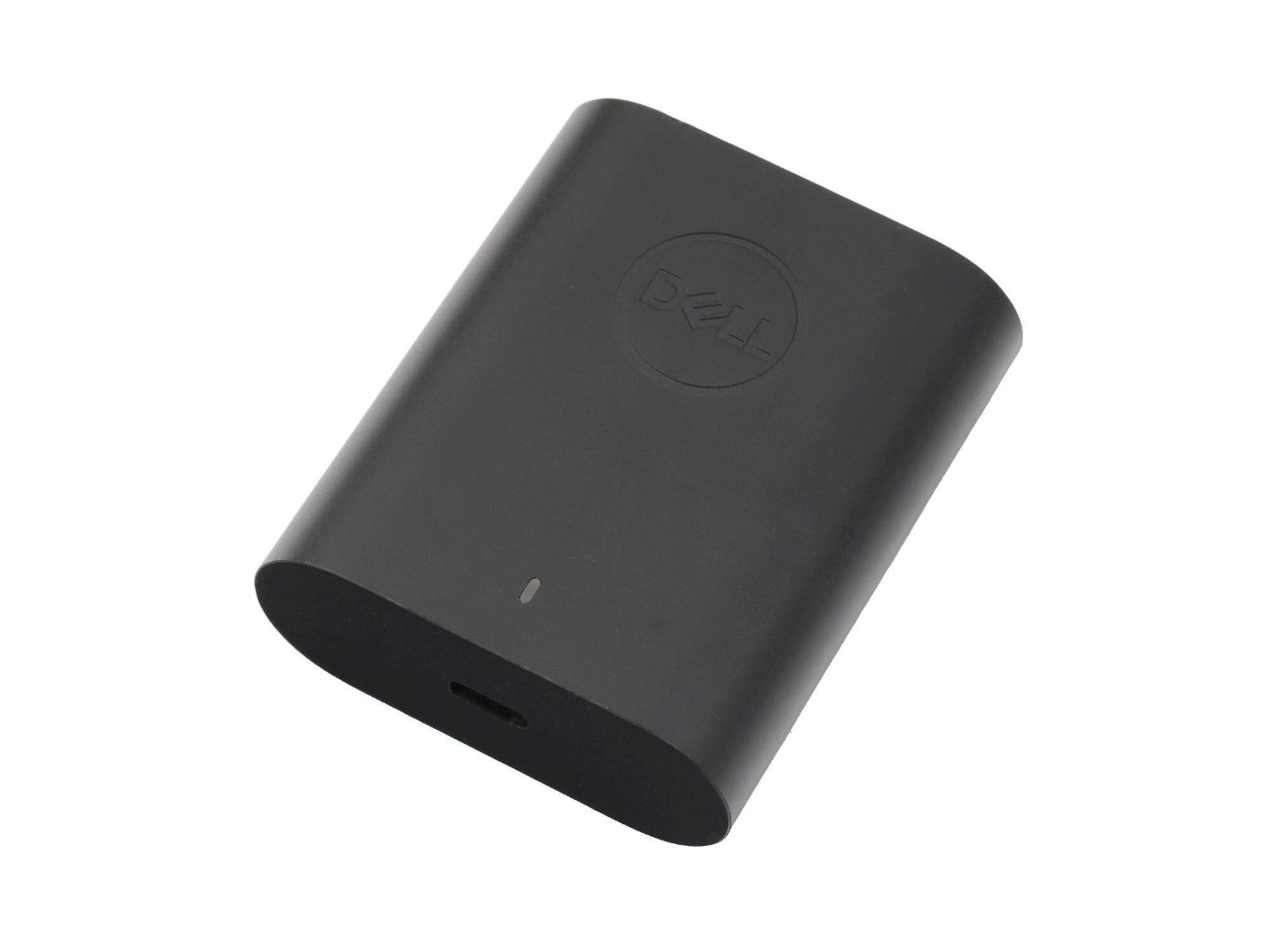 Schwarzer Dell Power Bank mit Dell-Logo, rechteckig, mit USB-Anschluss.