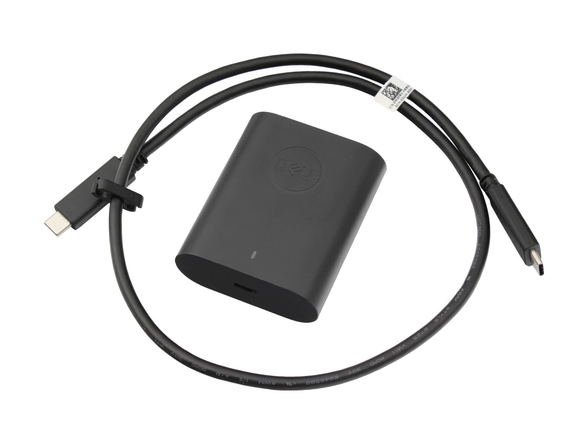 Ein schwarzes Dell USB-C Netzteil mit Kabel und Anschlüssen auf weißem Hintergrund.