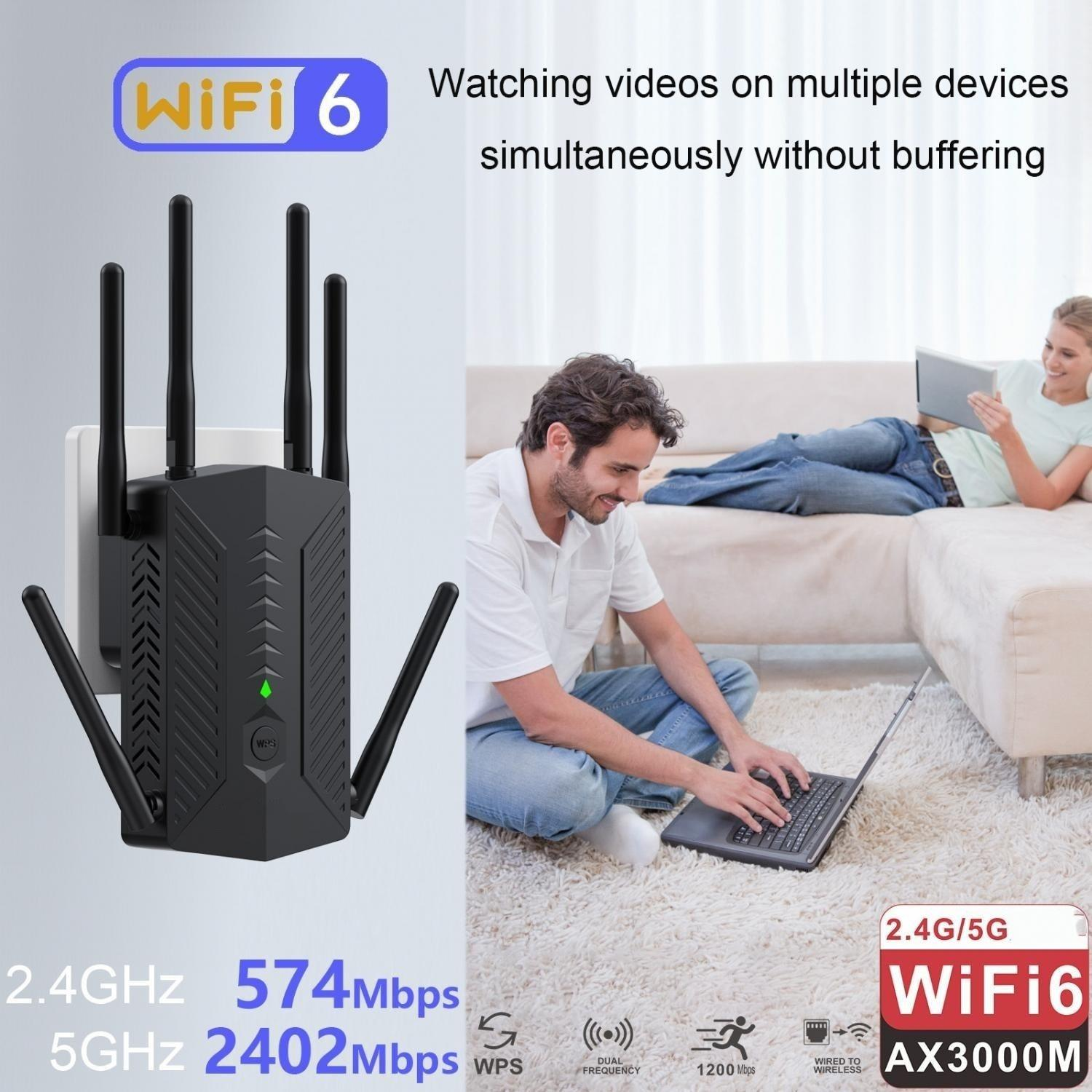 Ein WiFi 6 Router mit Antennen steht links. Rechts sitzen zwei Personen auf einem Sofa.
