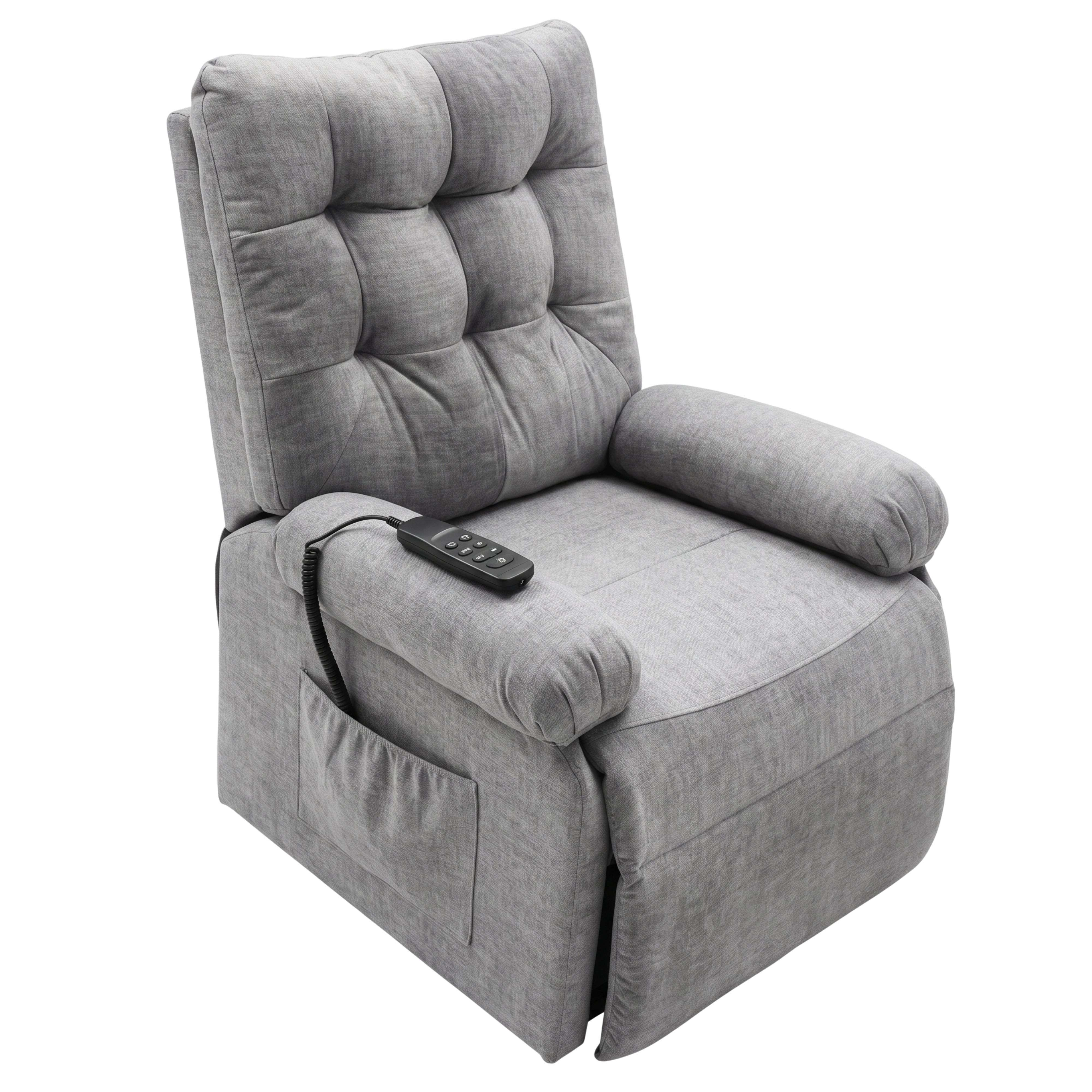 Un sillón reclinable gris con control remoto y bolsillo lateral.