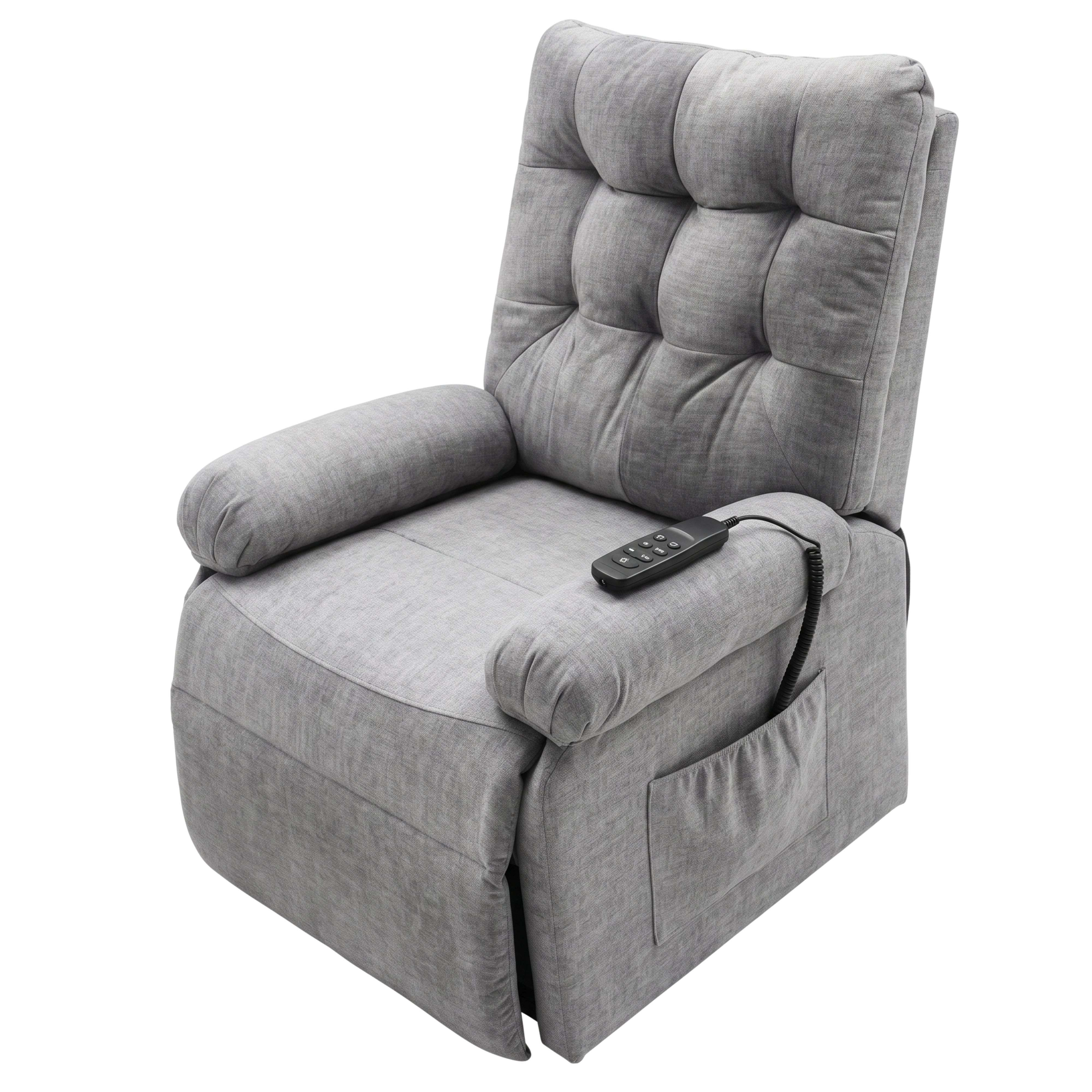 Un sillón reclinable gris con mando a distancia y bolsillo lateral.