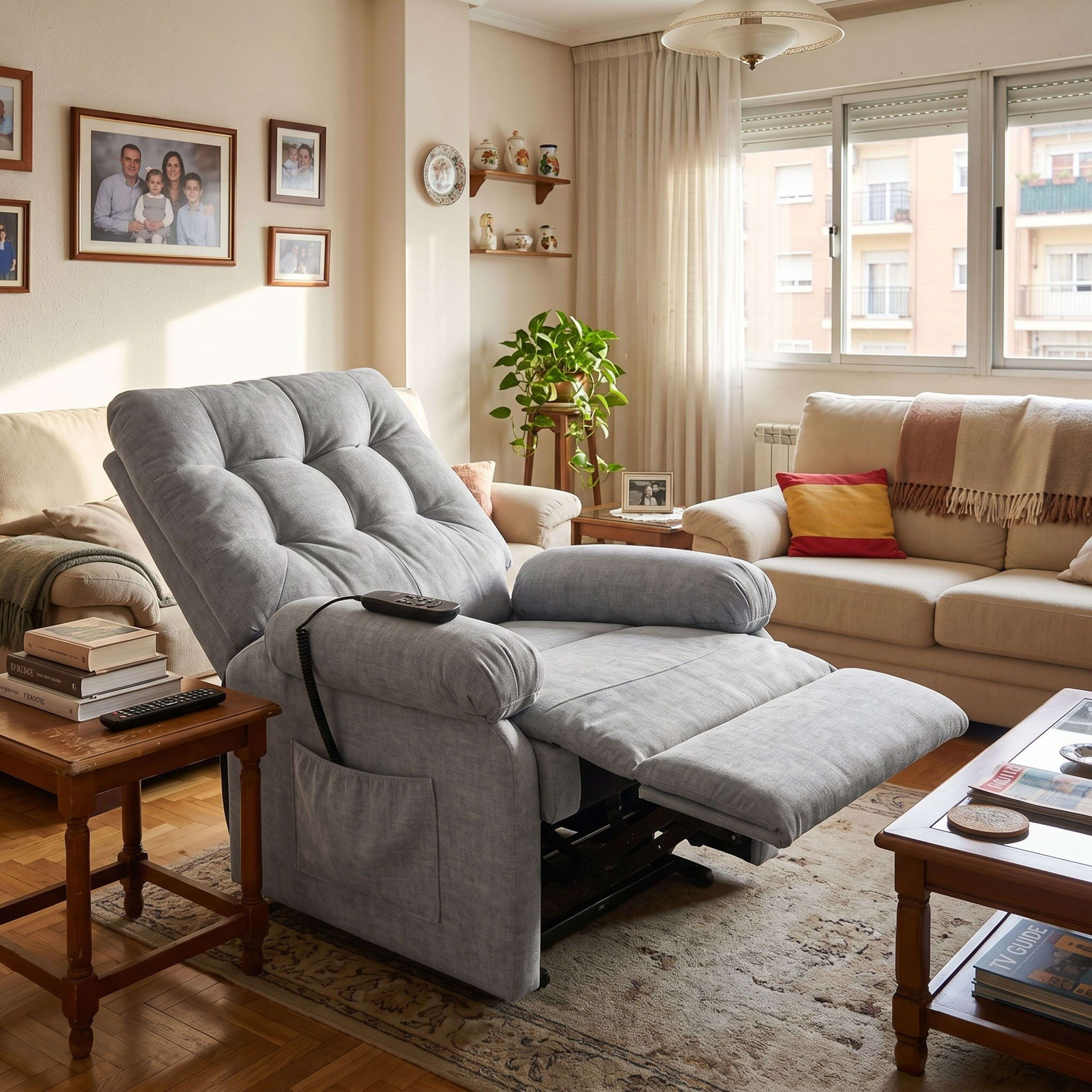Un sillón reclinable gris junto a un sofá. Libros y mando en una mesita auxiliar.