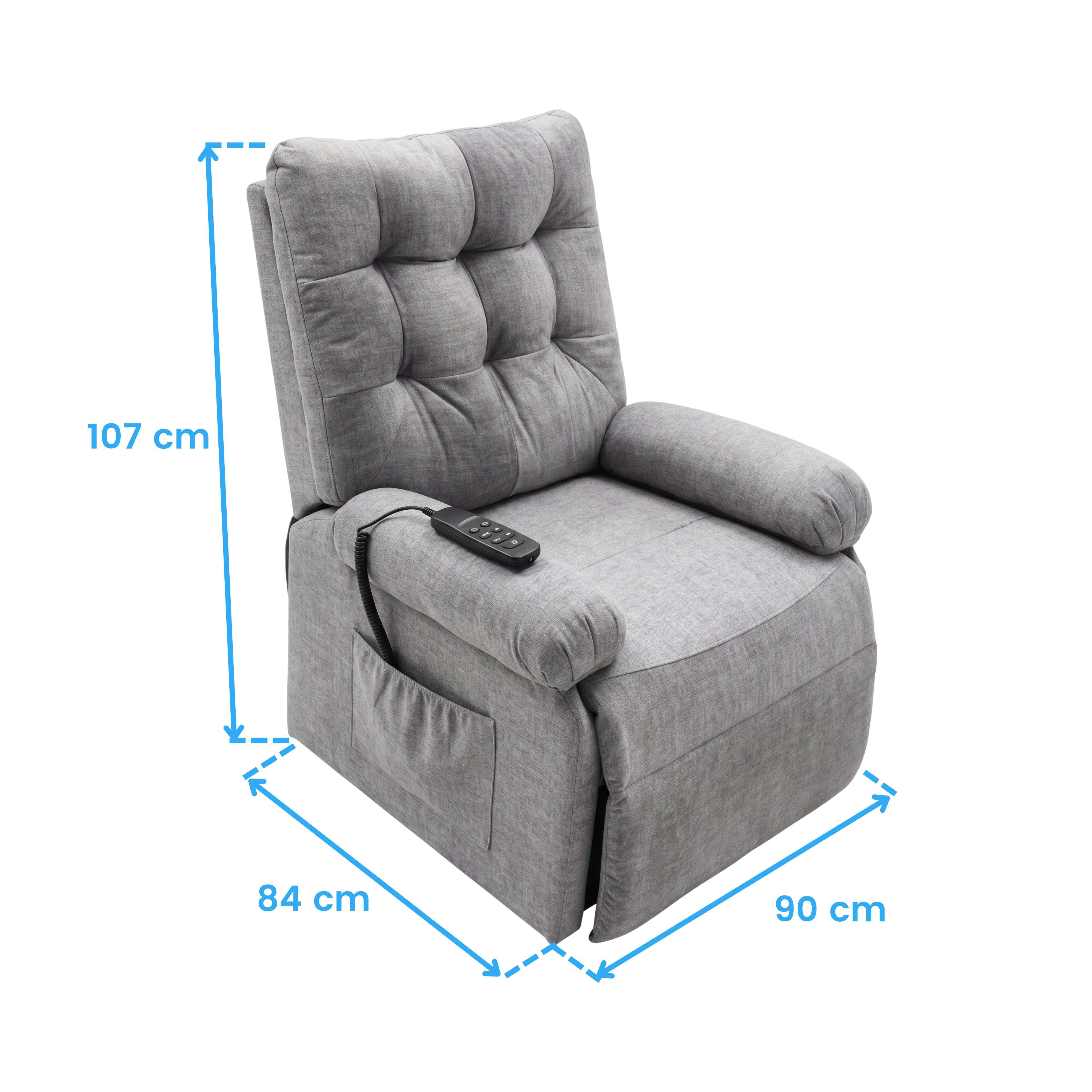 Sillón gris con mando a distancia, medidas 107x84x90 cm.