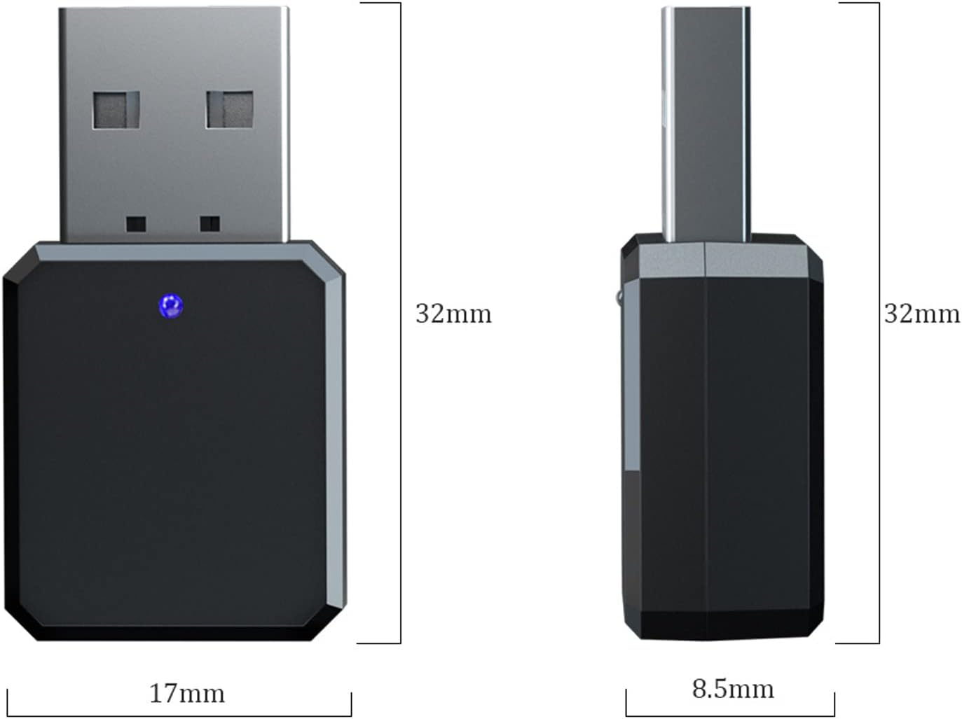 Schwarzer USB-Dongle mit Maßen 17x32x8,5mm und einer blauen LED.