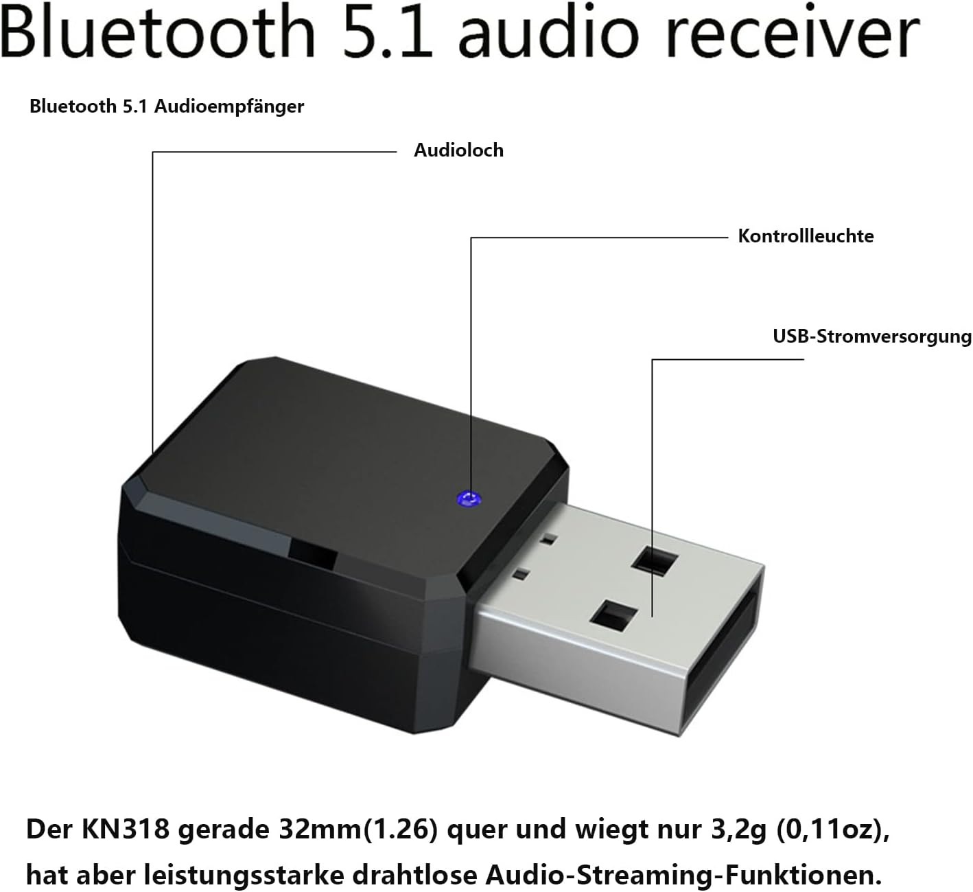 Schwarzer Bluetooth 5.1 Audioempfänger mit USB-Anschluss und blauer LED.