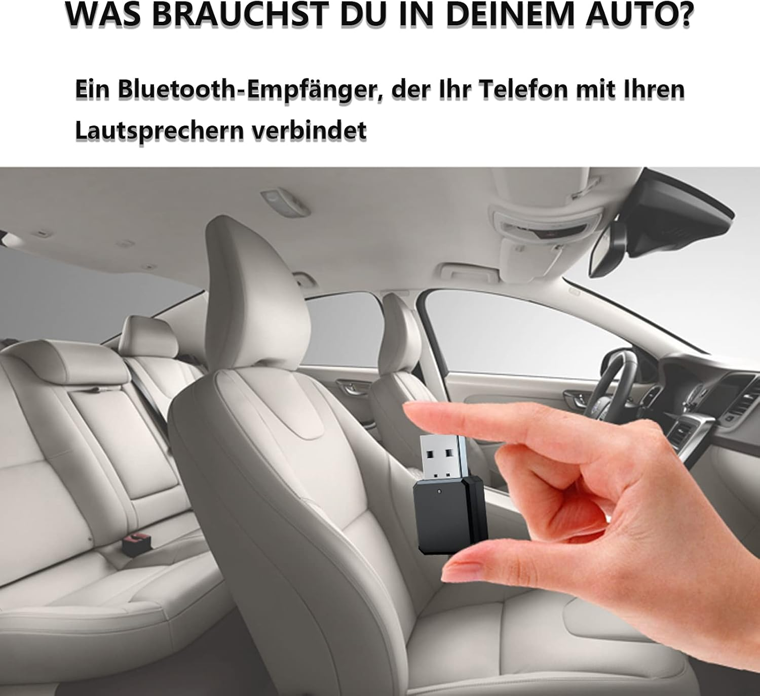 Eine Hand hält einen schwarzen Bluetooth-Empfänger vor einem Auto-Innenraum.