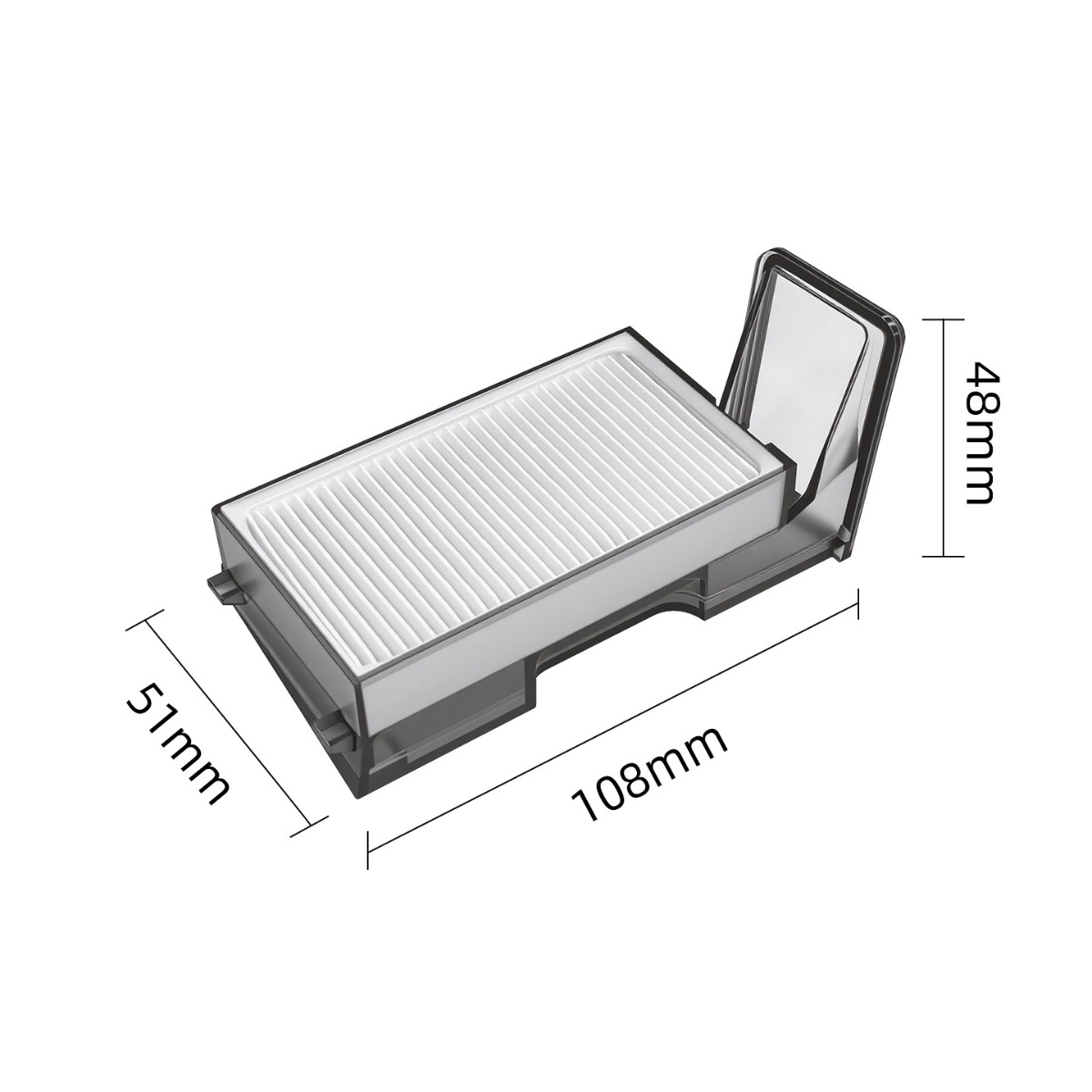 Ein weißer Filter in einer durchsichtigen Halterung, 108x51x48mm.