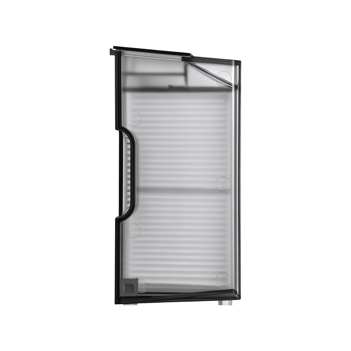 Transparenter Wassertank mit horizontalen Rillen und schwarzem Rahmen.