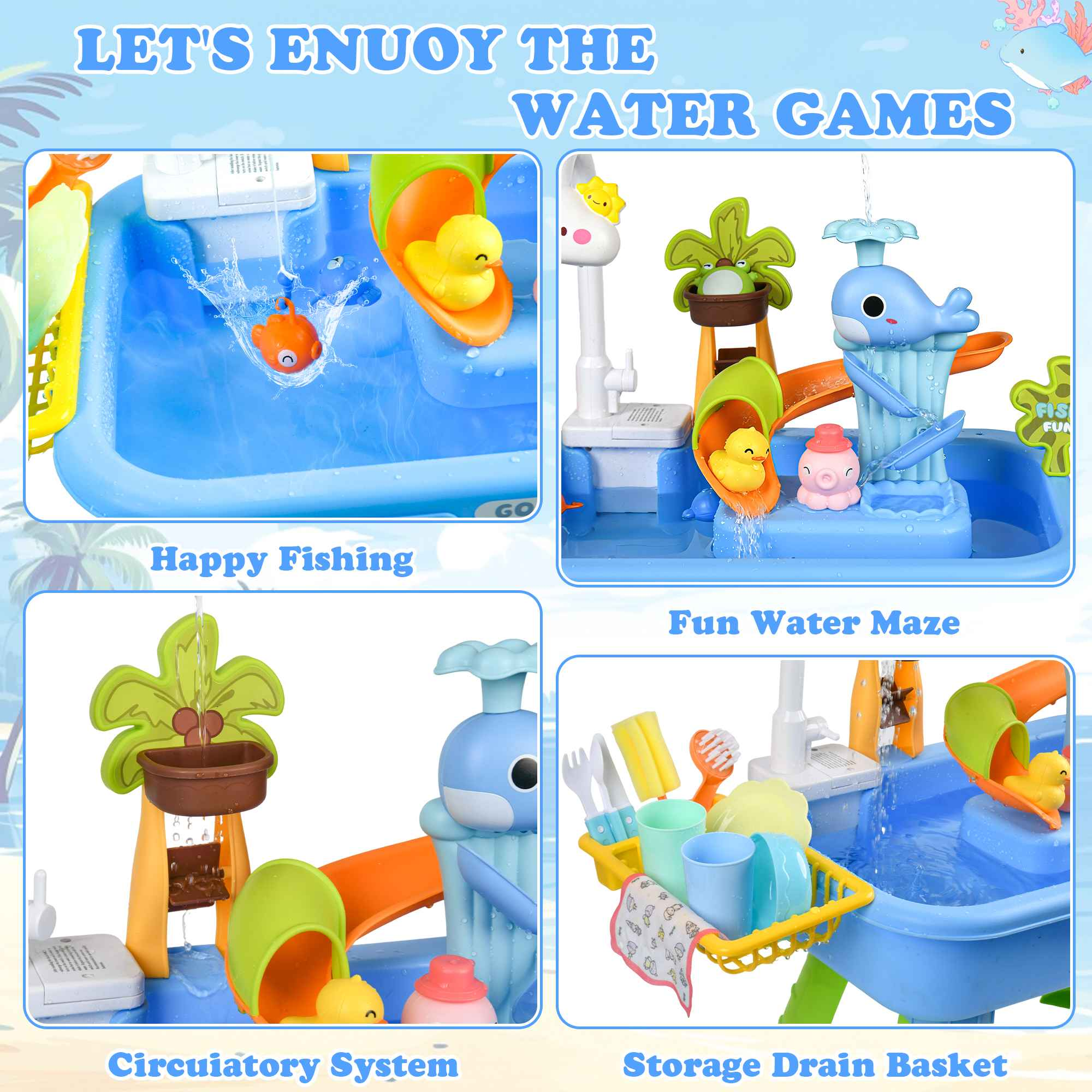Ein Spielzeug-Waschbecken mit Enten, Wal, Fisch und Zubehör, das Wasser spritzt.