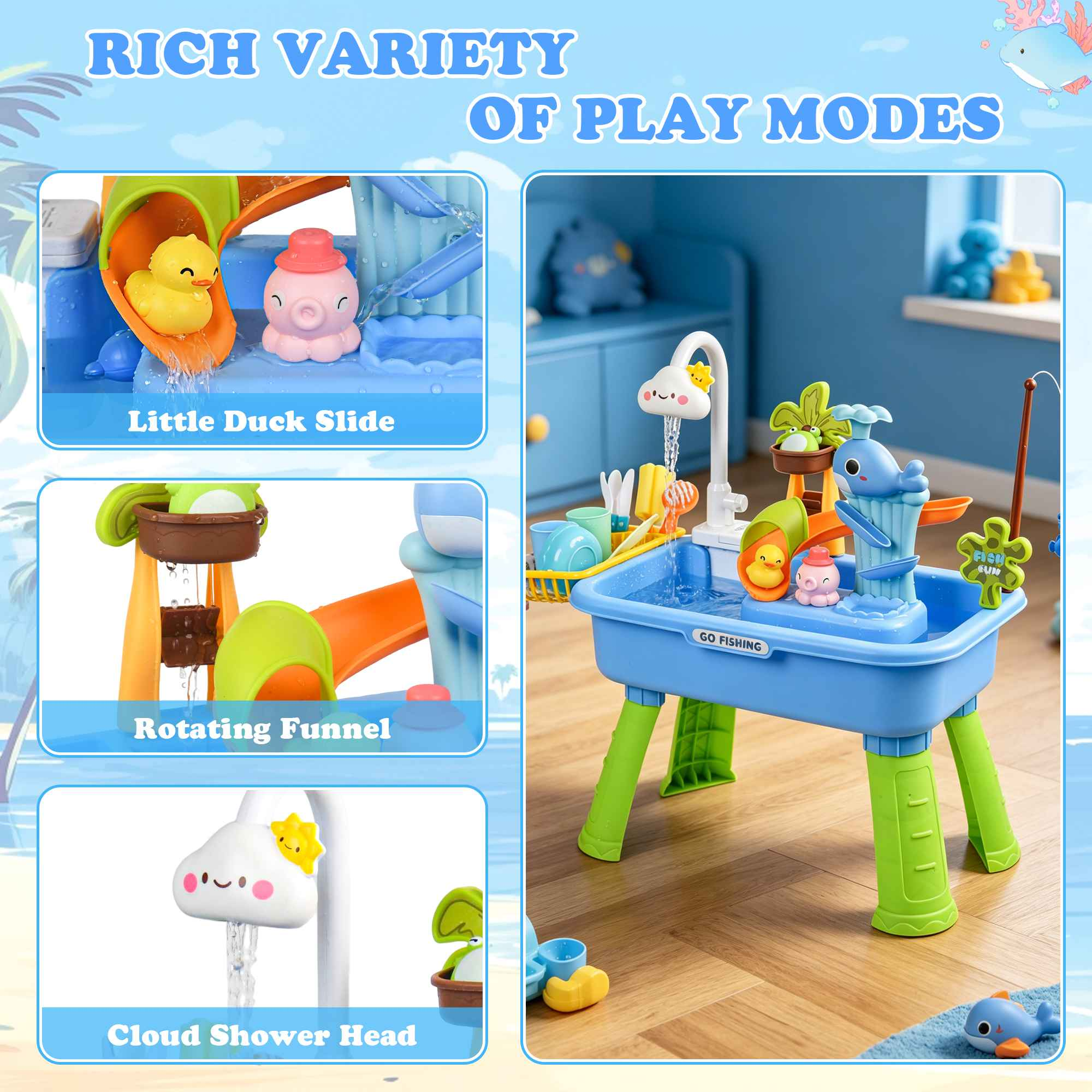 Ein blaues und grünes Spielzeug-Waschbecken mit Enten-, Tintenfisch- und Walfiguren.