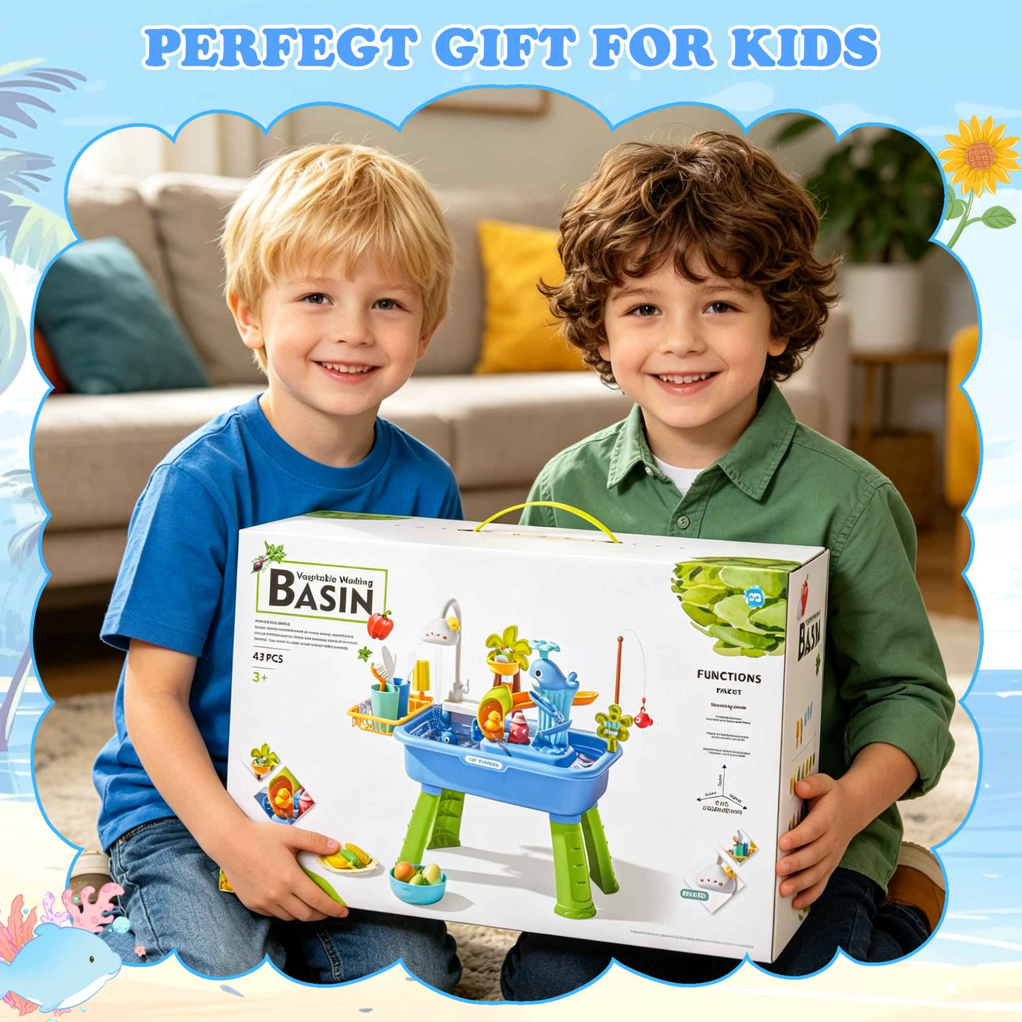 Zwei lächelnde Jungen halten eine Kiste mit einer Spielzeugspüle. Die Kiste zeigt eine bunte Spielzeugspüle mit Zubehör.