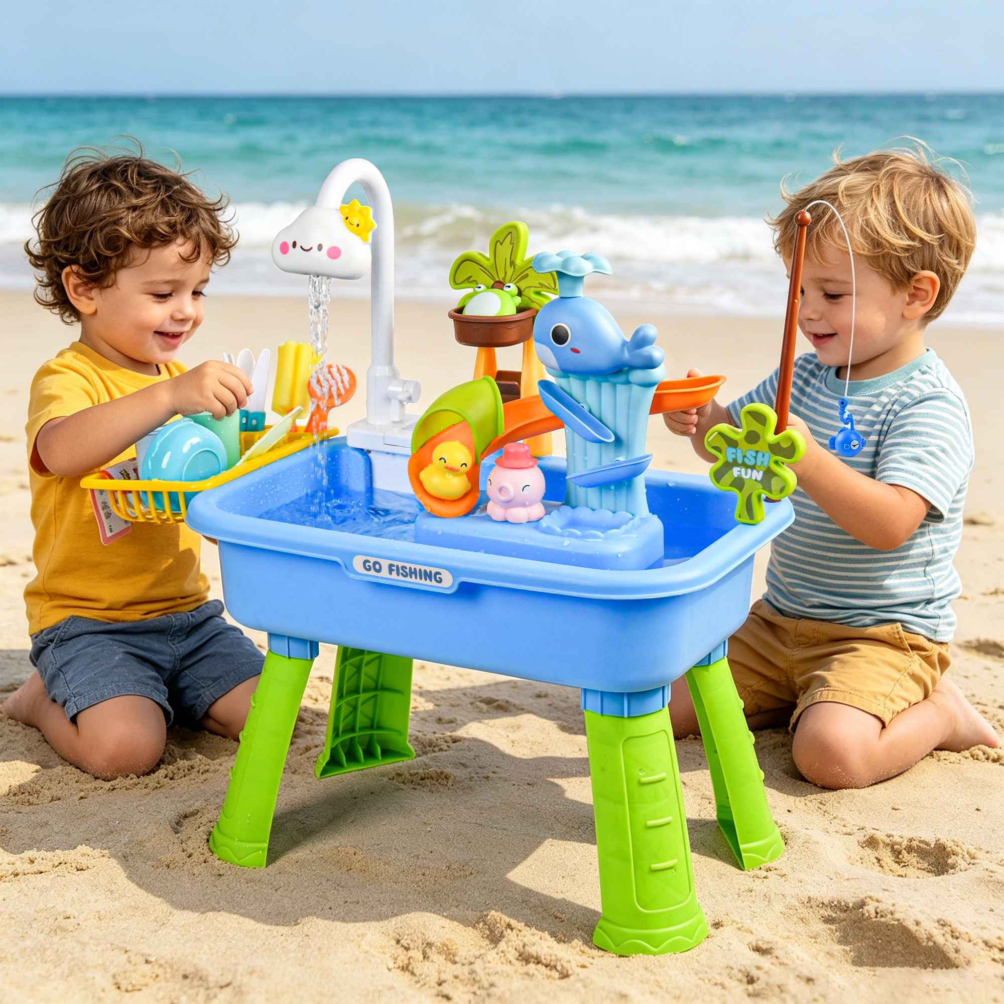 Zwei kleine Jungen spielen am Strand mit einem blauen und grünen Wasserspieltisch.