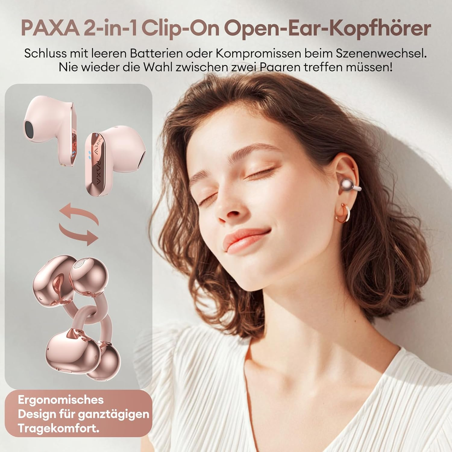 Rosa PAXA Kopfhörer, eine Frau trägt einen Ohrhörer, ergonomisches Design.